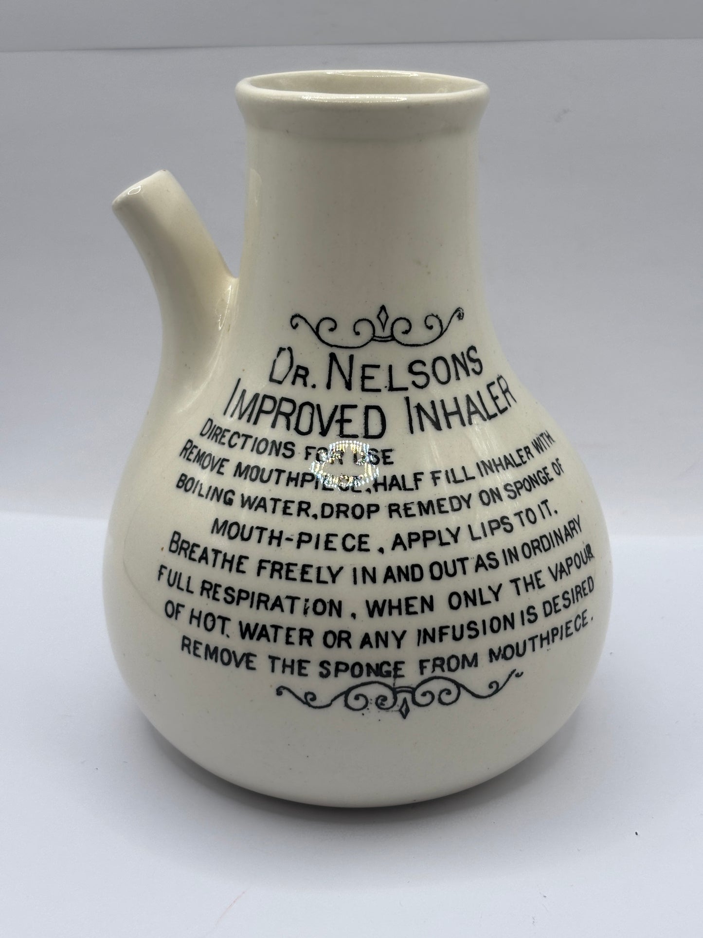 Old stoneware advertising inhaler, Dr Nelsons improved inhaler
