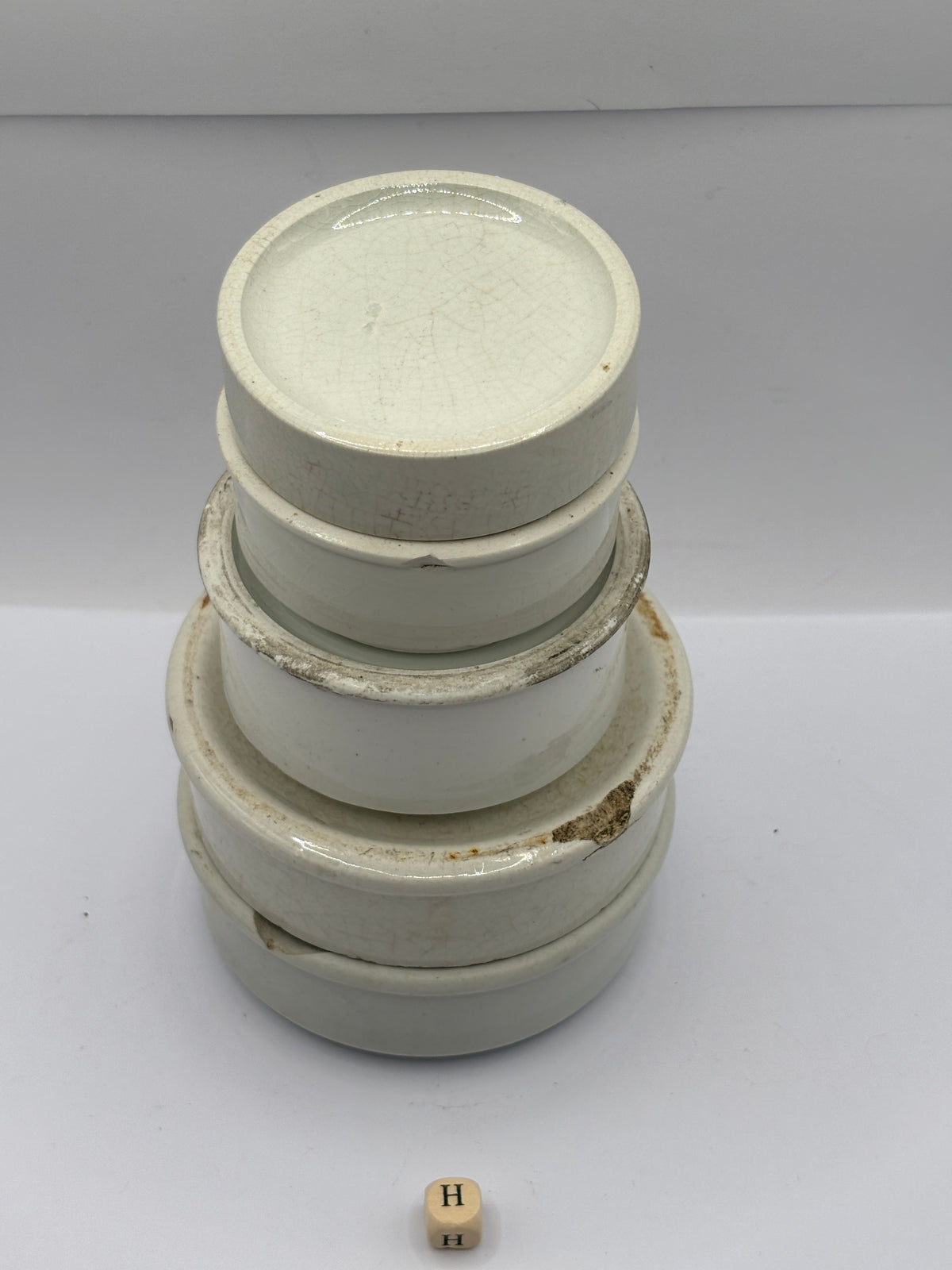 5 old stoneware pot lid bases, stackers (H)