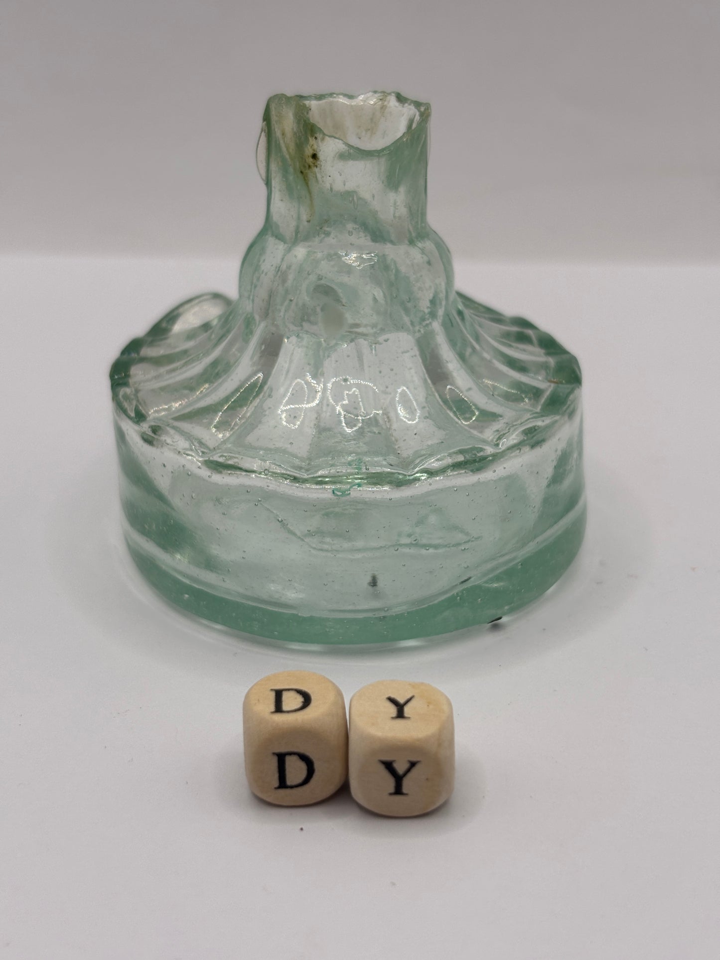 Old aqua glass tent ink, ink bottle. Inkwell (DY) diamond registration to base. Circus tent ink