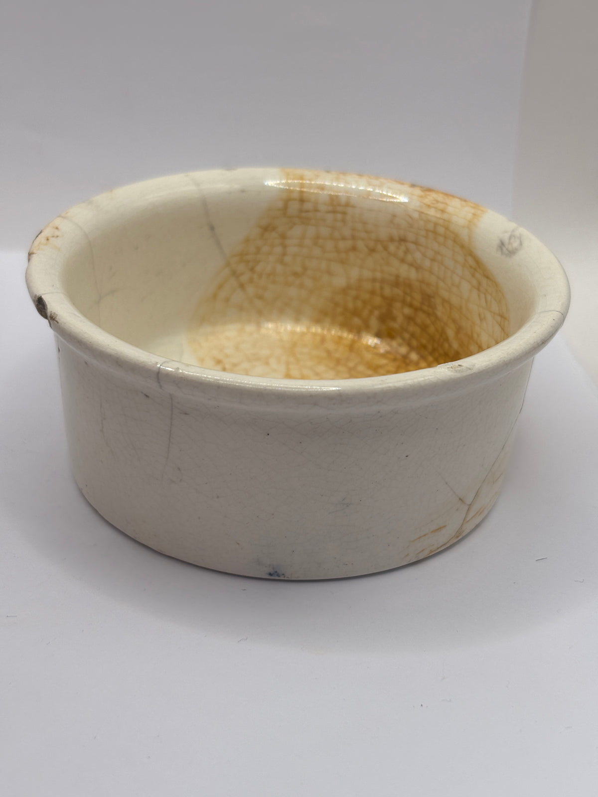 Old advertising meat paste pot, Plumtree home potted meats. Damaged