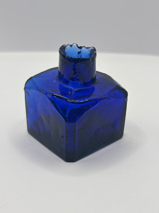 Old cobalt blue glass inkwell, ink bottle