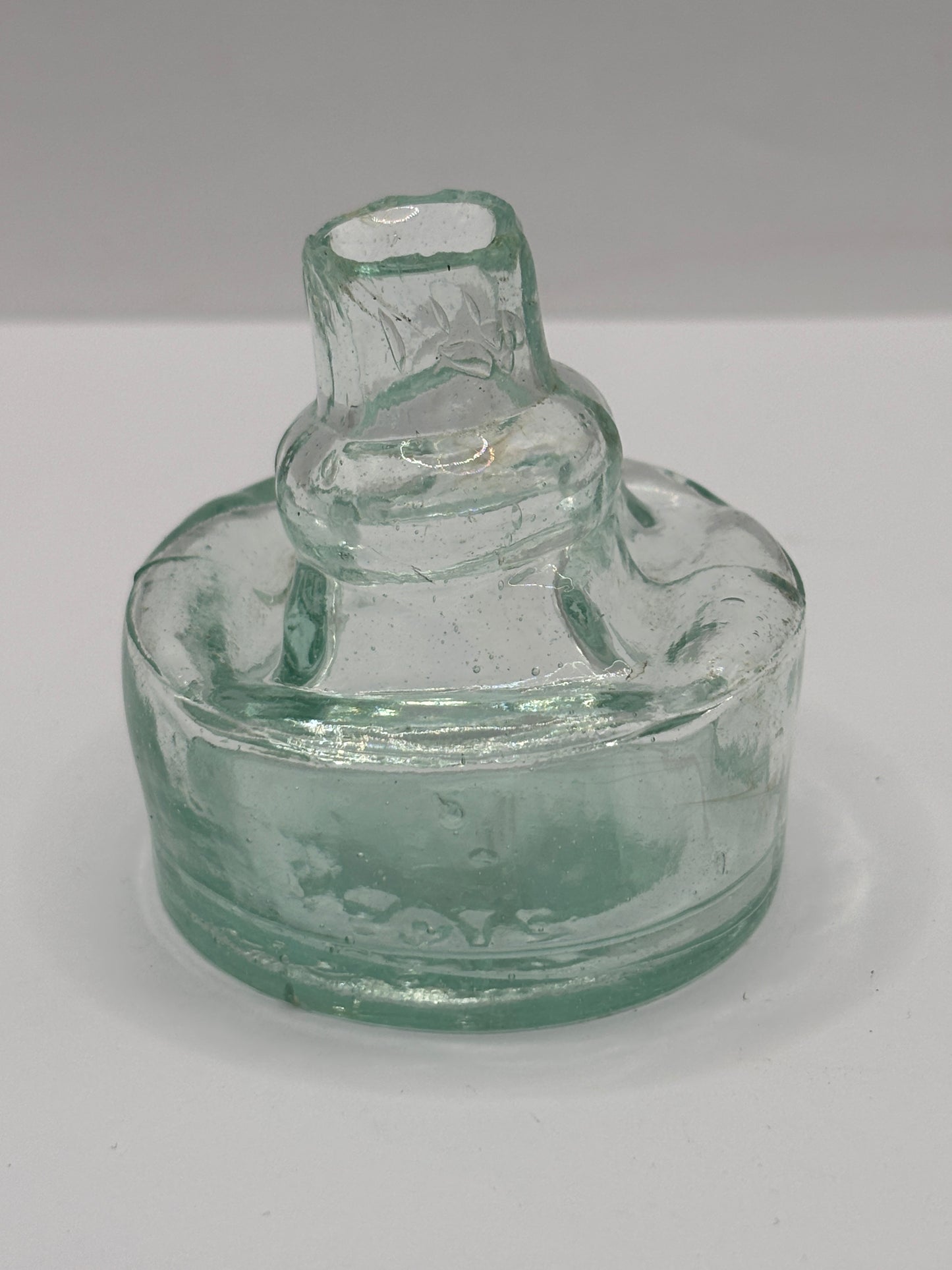 Old aqua glass inkwell, ink bottle, penny ink. TW & Co