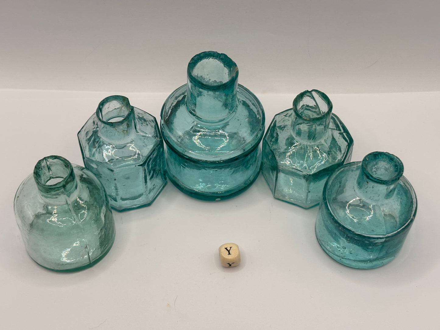 5 old aqua glass inks, inkwells, ink bottles (Y)