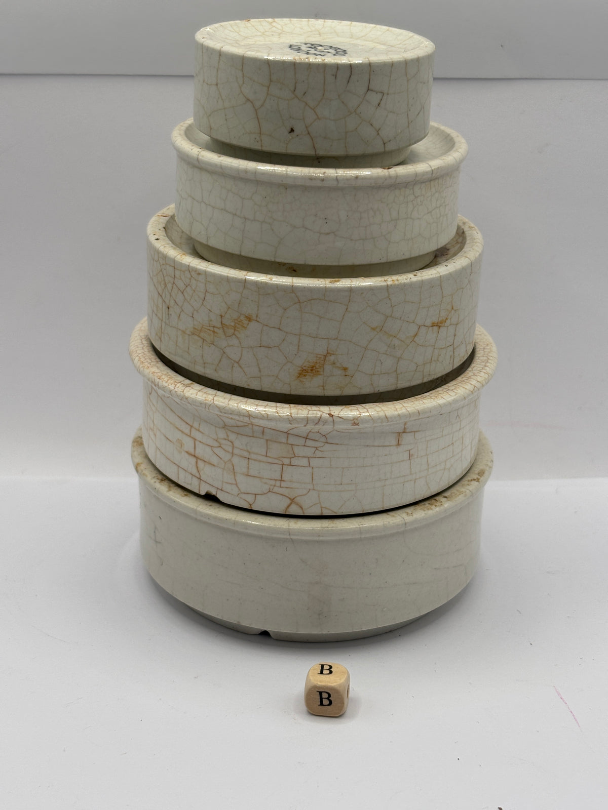 5 old stoneware pot lid bases, stackers (B)