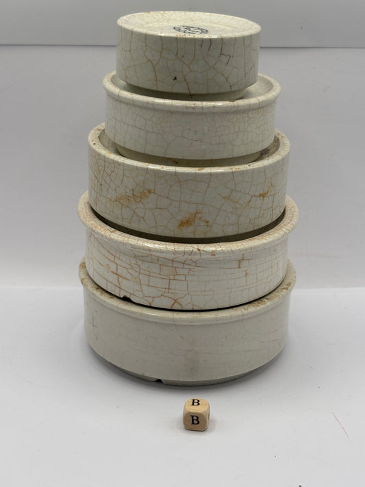 5 old stoneware pot lid bases, stackers (B)