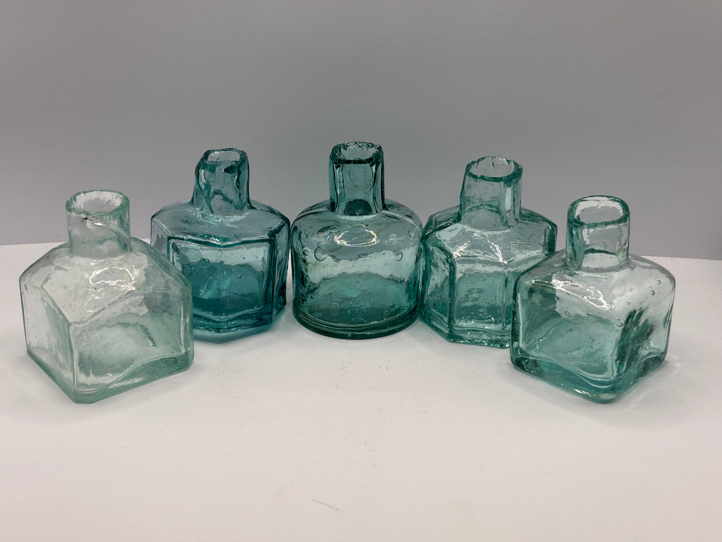 5 old aqua glass inkwells, ink bottles