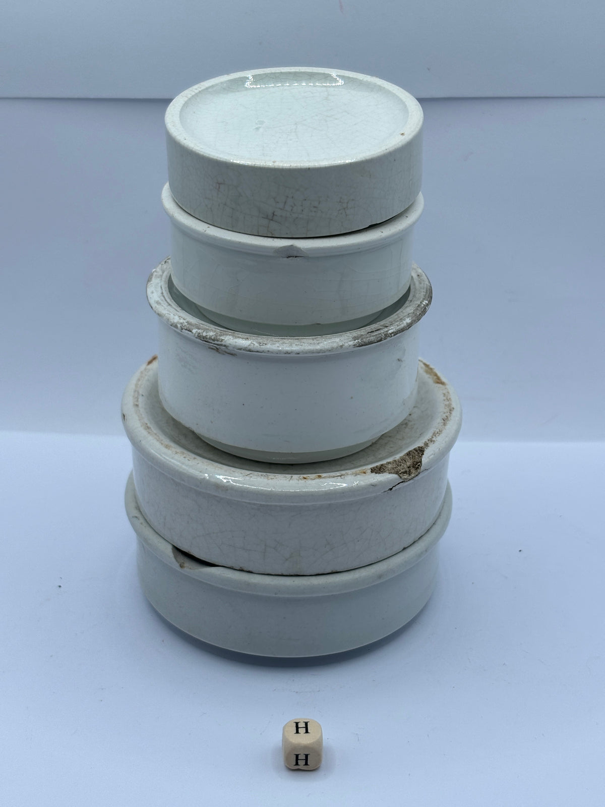 5 old stoneware pot lid bases, stackers (H)