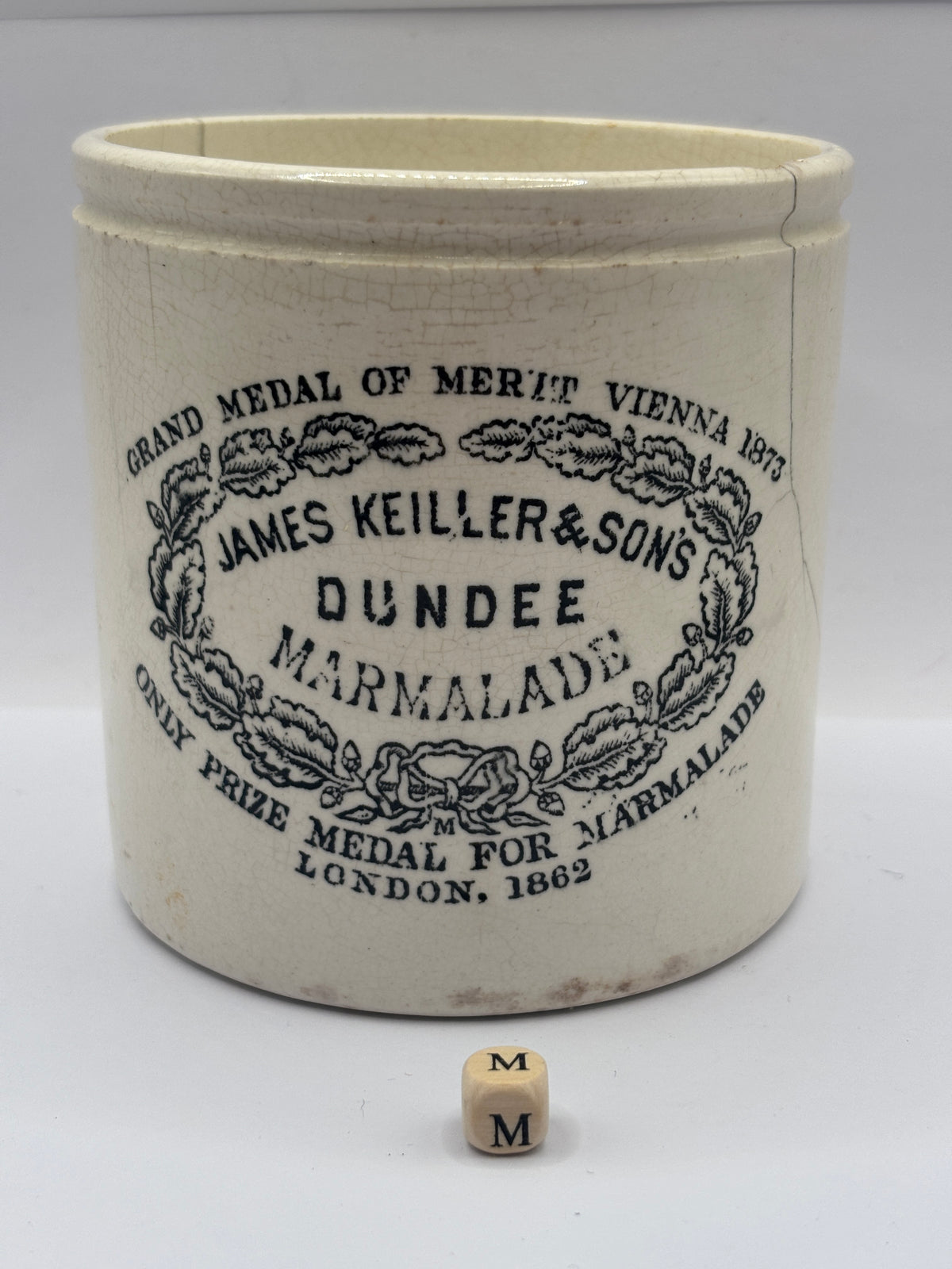 Old 2lb stoneware marmalade pot, James Keiller Dundee marmalade (m) damaged