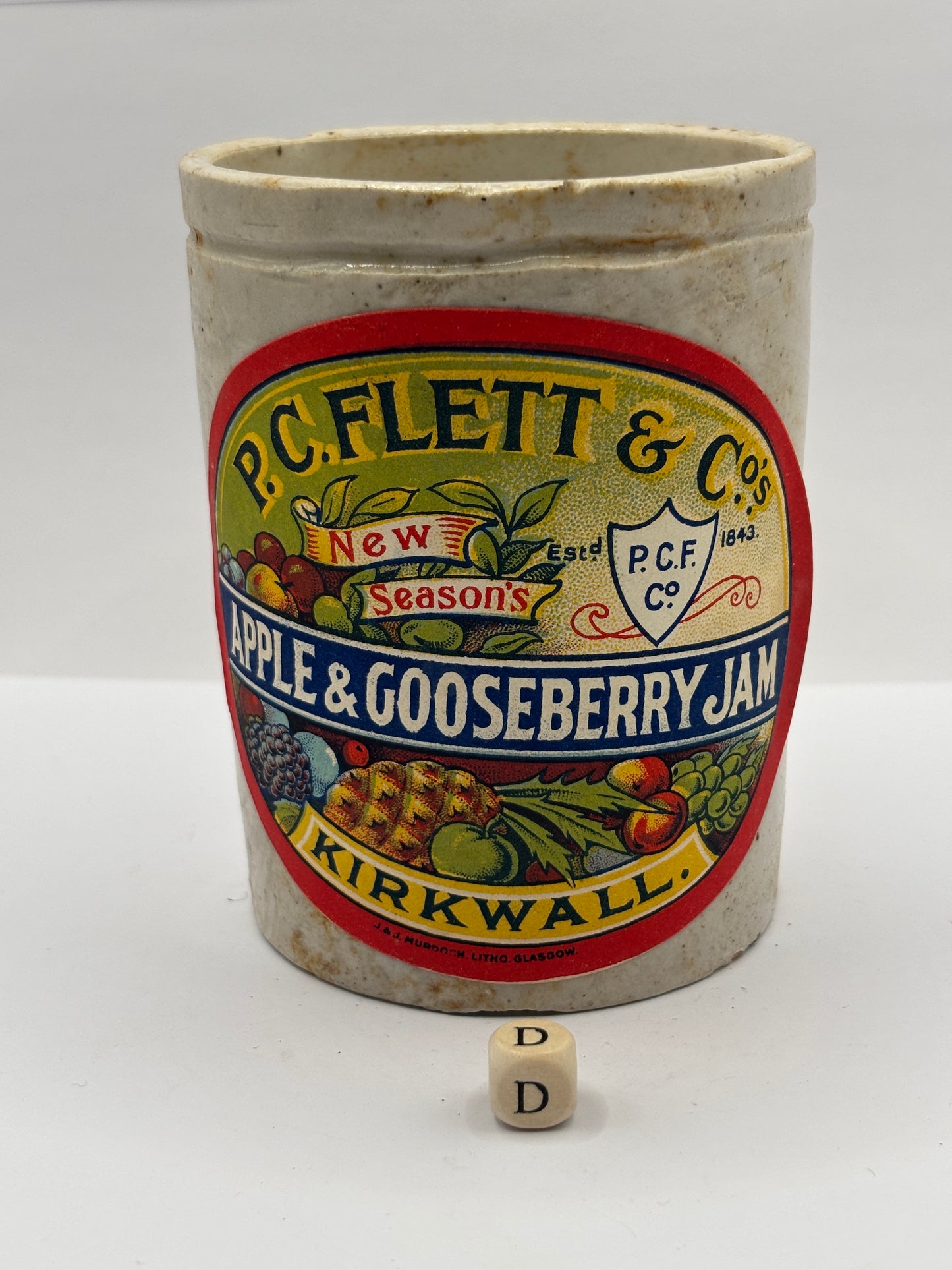 Old 1lb ribbed stoneware jam pot with added label (D)