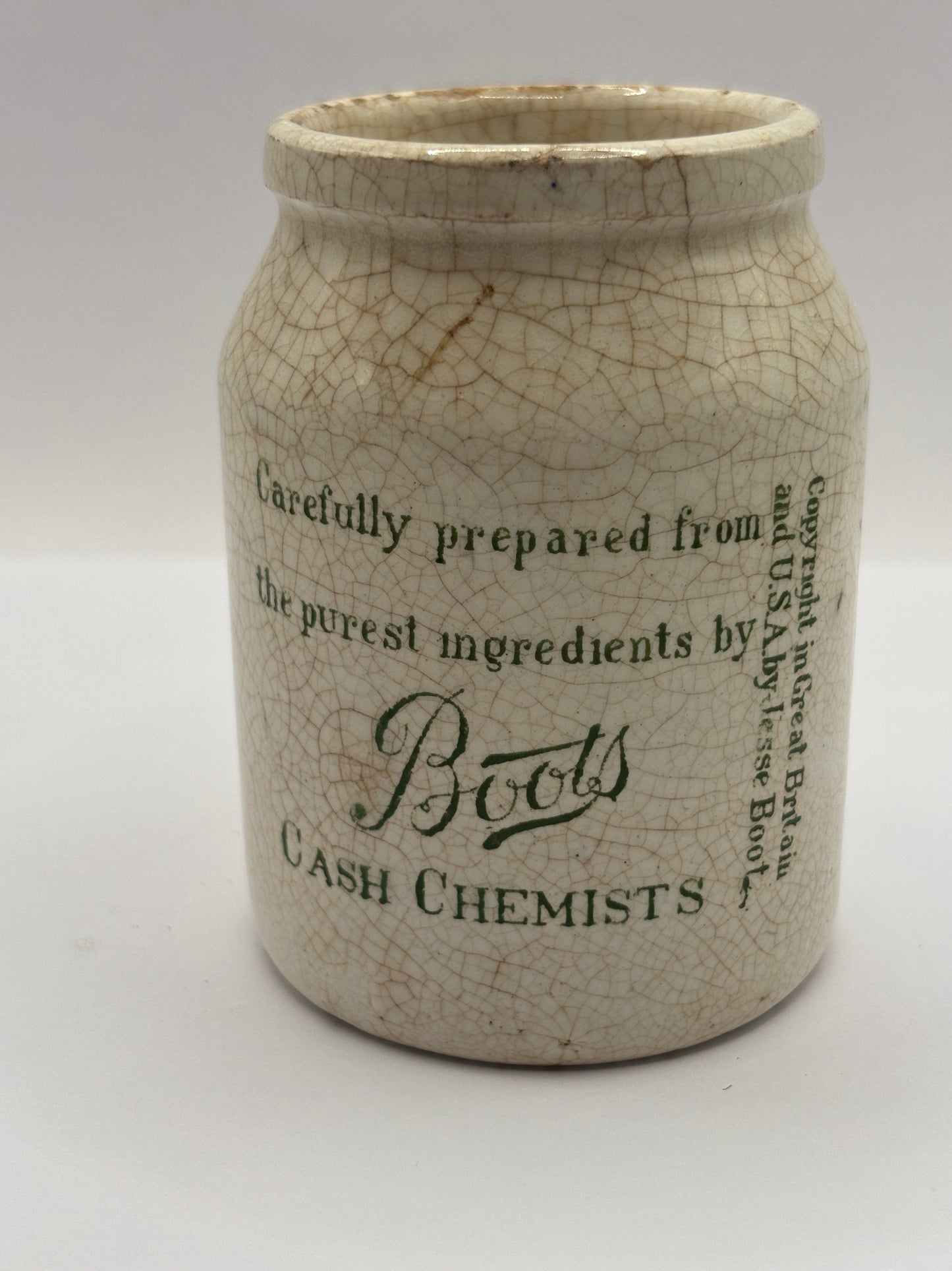 Old stoneware advertising jar, Boots confection of senna
