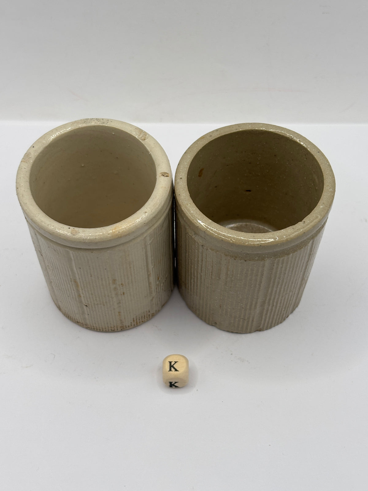 2 Old mini ribbed stoneware jam pots (k)