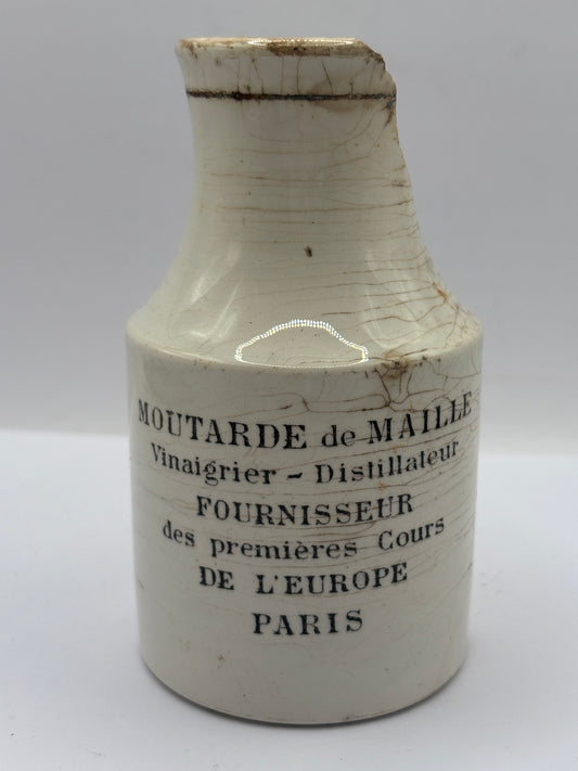 Old stoneware french mustard jar, moutarde de maille. Damaged