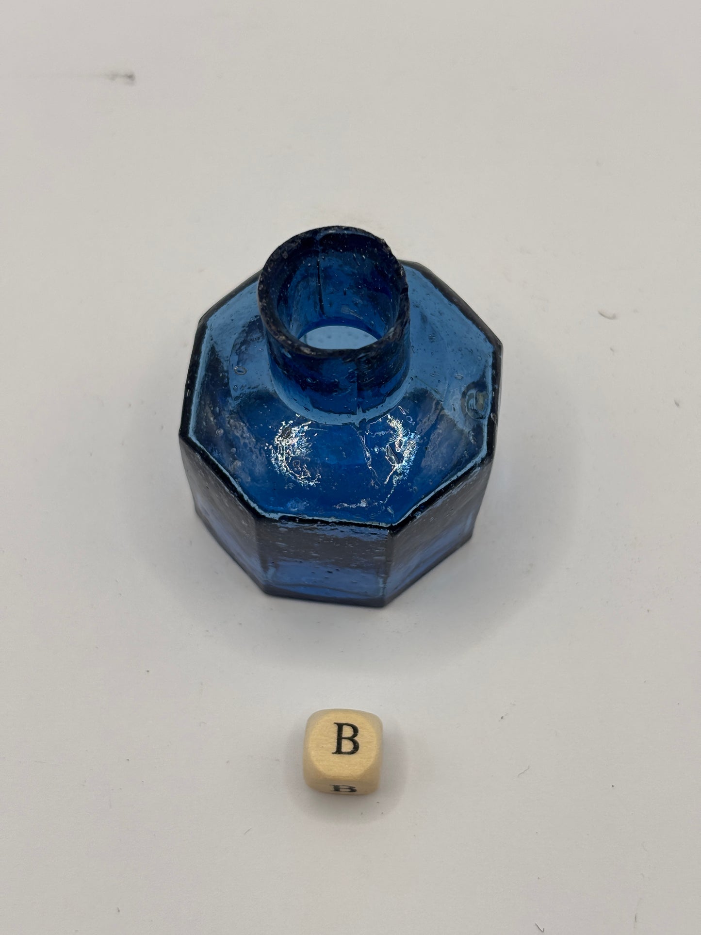 Old blue glass inkwell, ink bottle, penny ink (B)