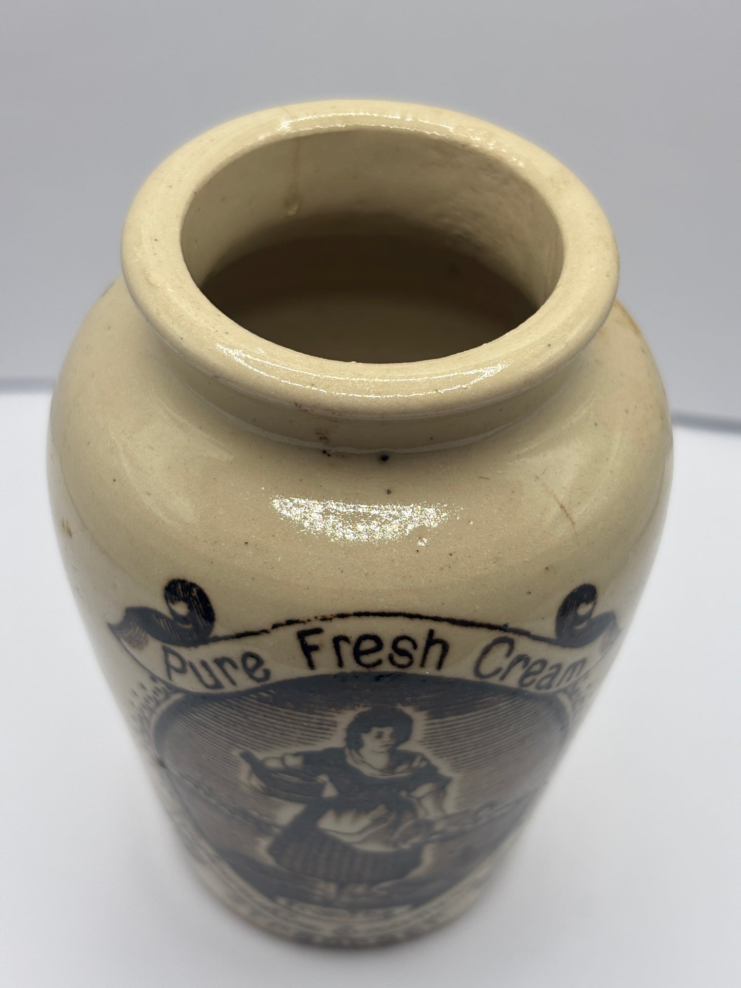 Old serpia print advertising stoneware cream pot, pure fresh cream, Stranraer