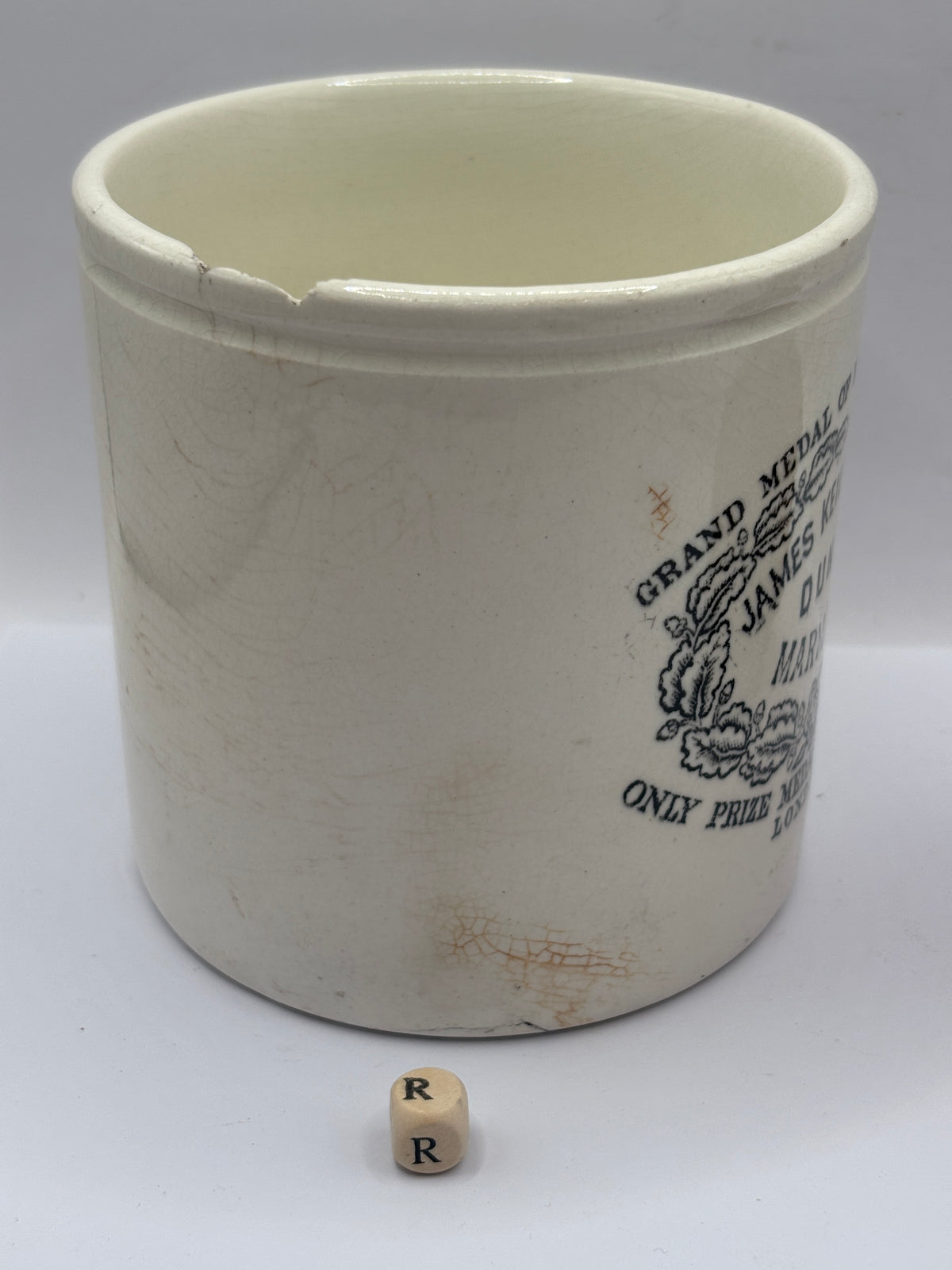 Old 2lb stoneware marmalade pot, James Keiller Dundee marmalade (R) damaged