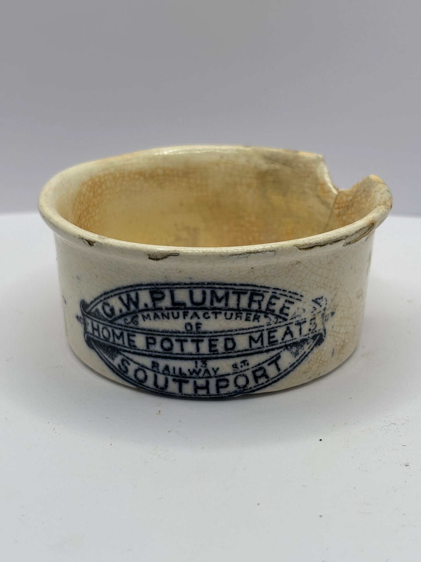 Plumtree home potted meats advertising pot. Damaged