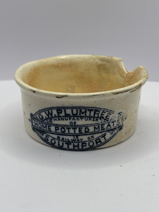 Plumtree home potted meats advertising pot. Damaged