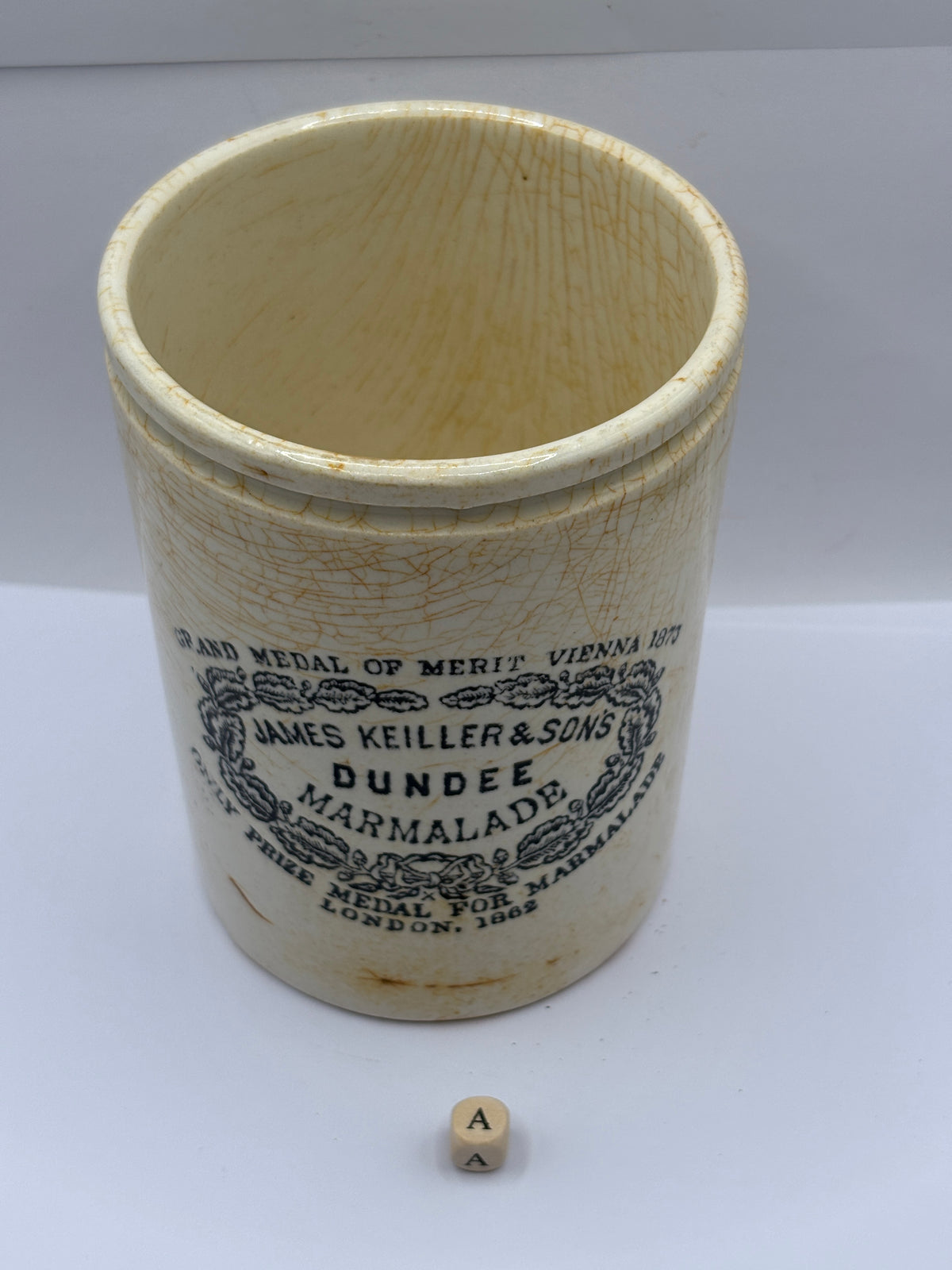 Old 2lb stoneware marmalade pot, James Keiller Dundee marmalade (a)