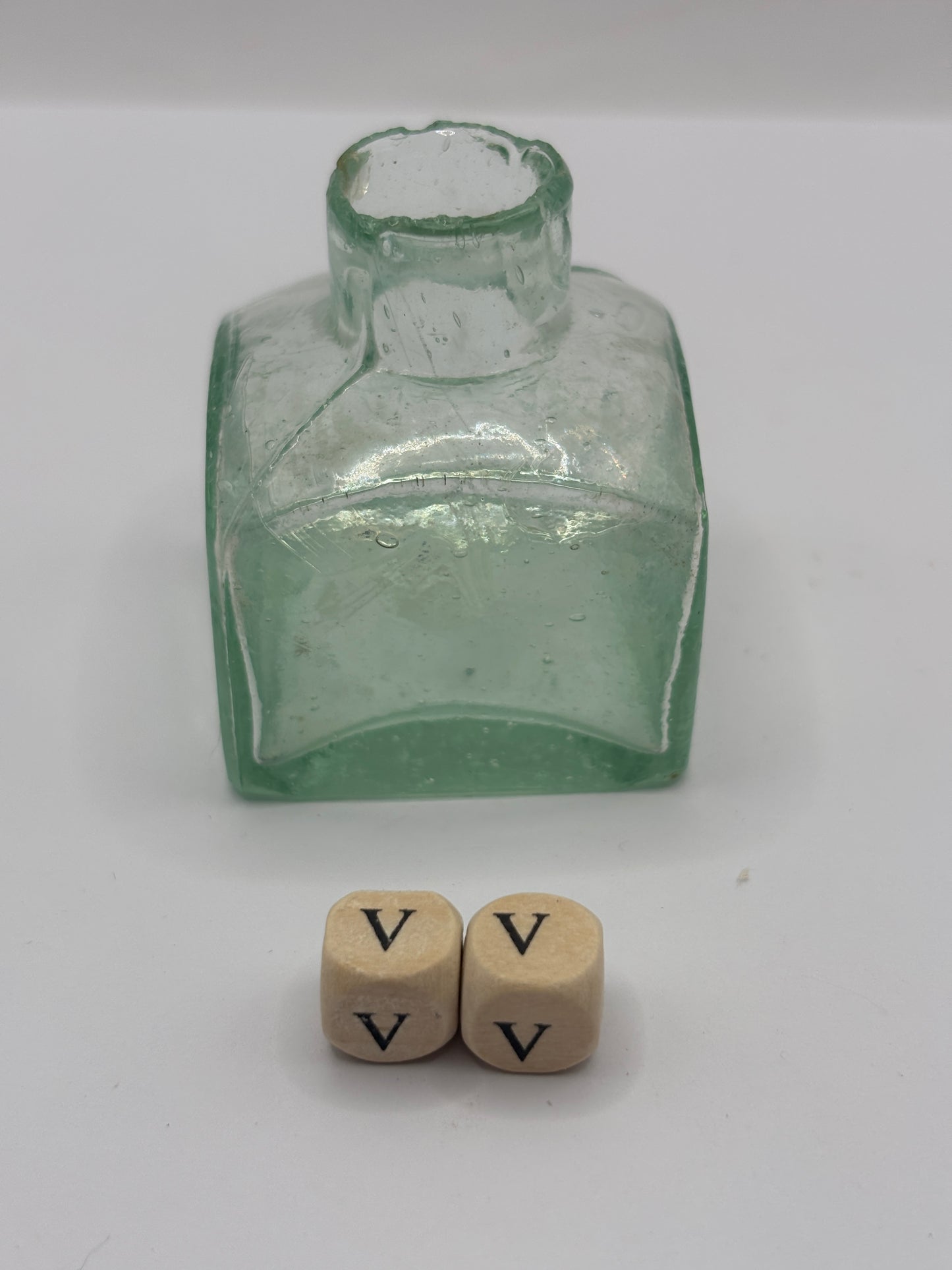 Old aqua glass advertising ink bottle, J.Field ink, inkwell, penny ink (vv)