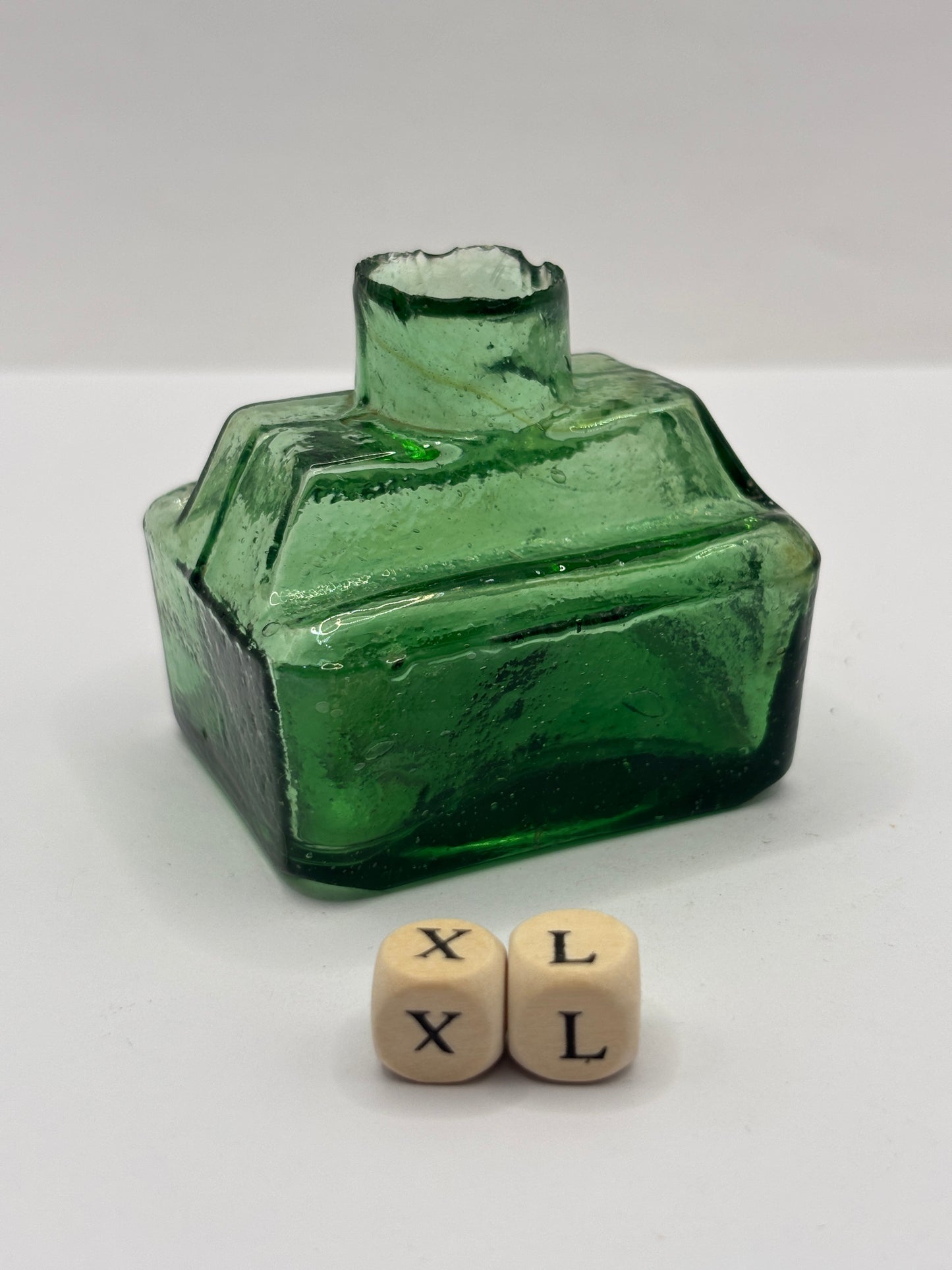 Old green glass boat ink, inkwell, penny ink (XL)