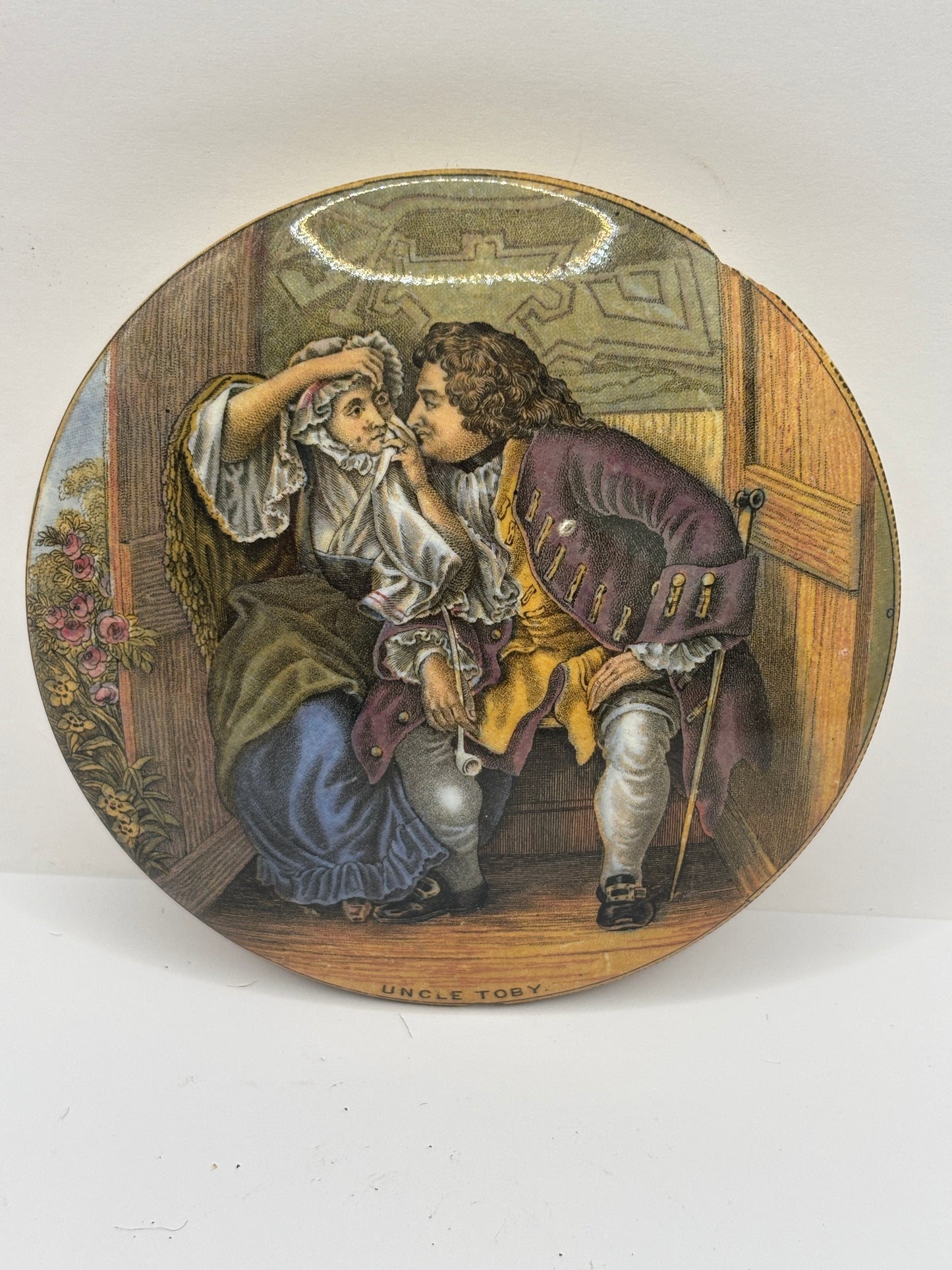 Old Prattware lid, Uncle Toby. Chipped