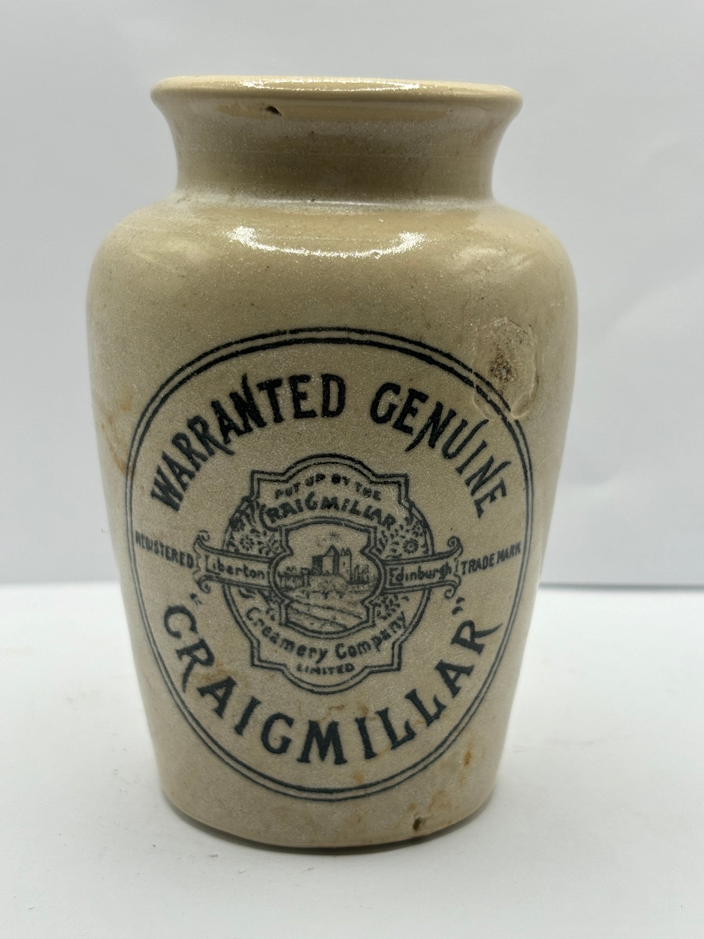 White stoneware advertising cream pot, craigmillar