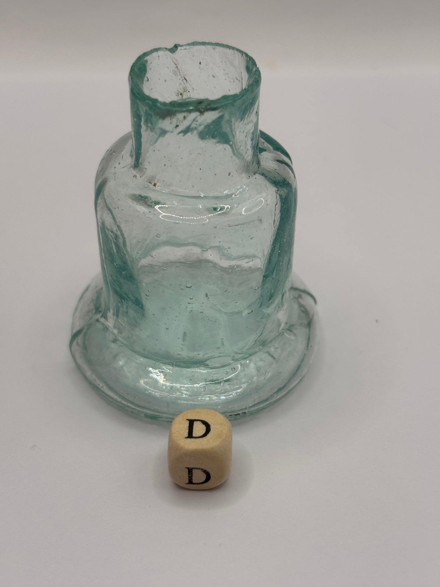 Old aqua glass inkwell, Bell ink (D)