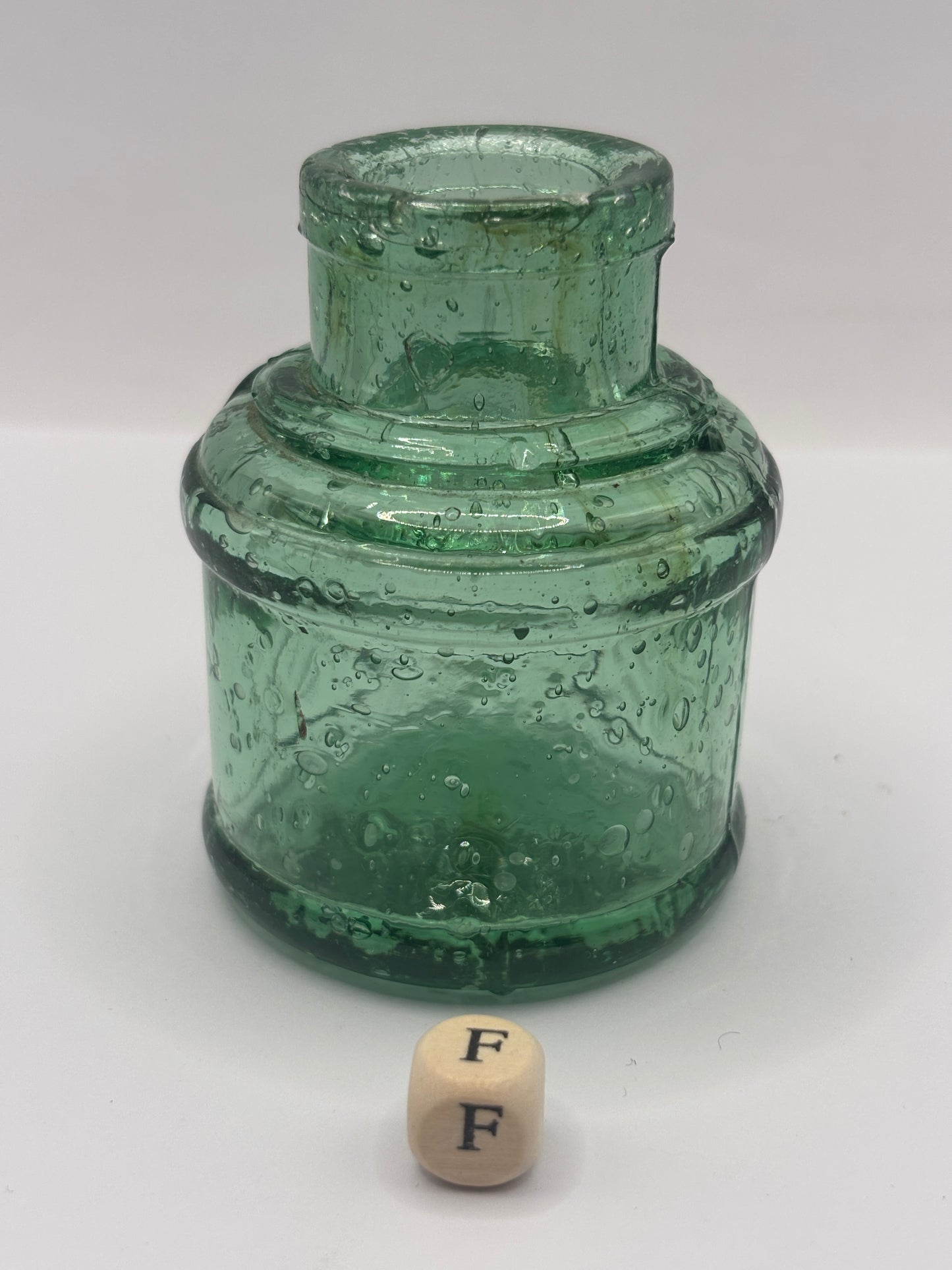 Old glass ink bottle, inkwell (F)