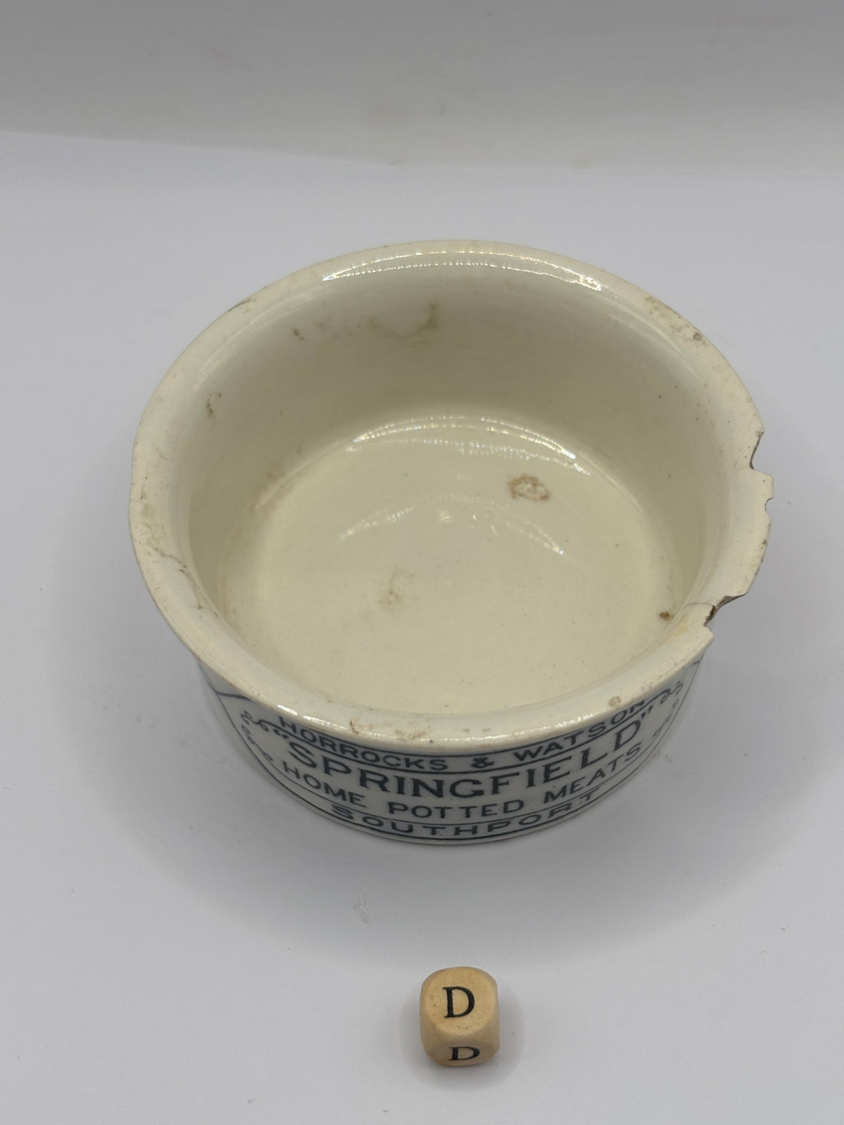 Old advertising meat paste pot, Springfield. Damaged (D)