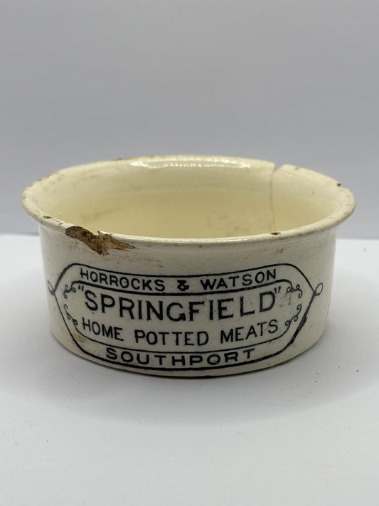 Springfield potted meats advertising pot. Damaged