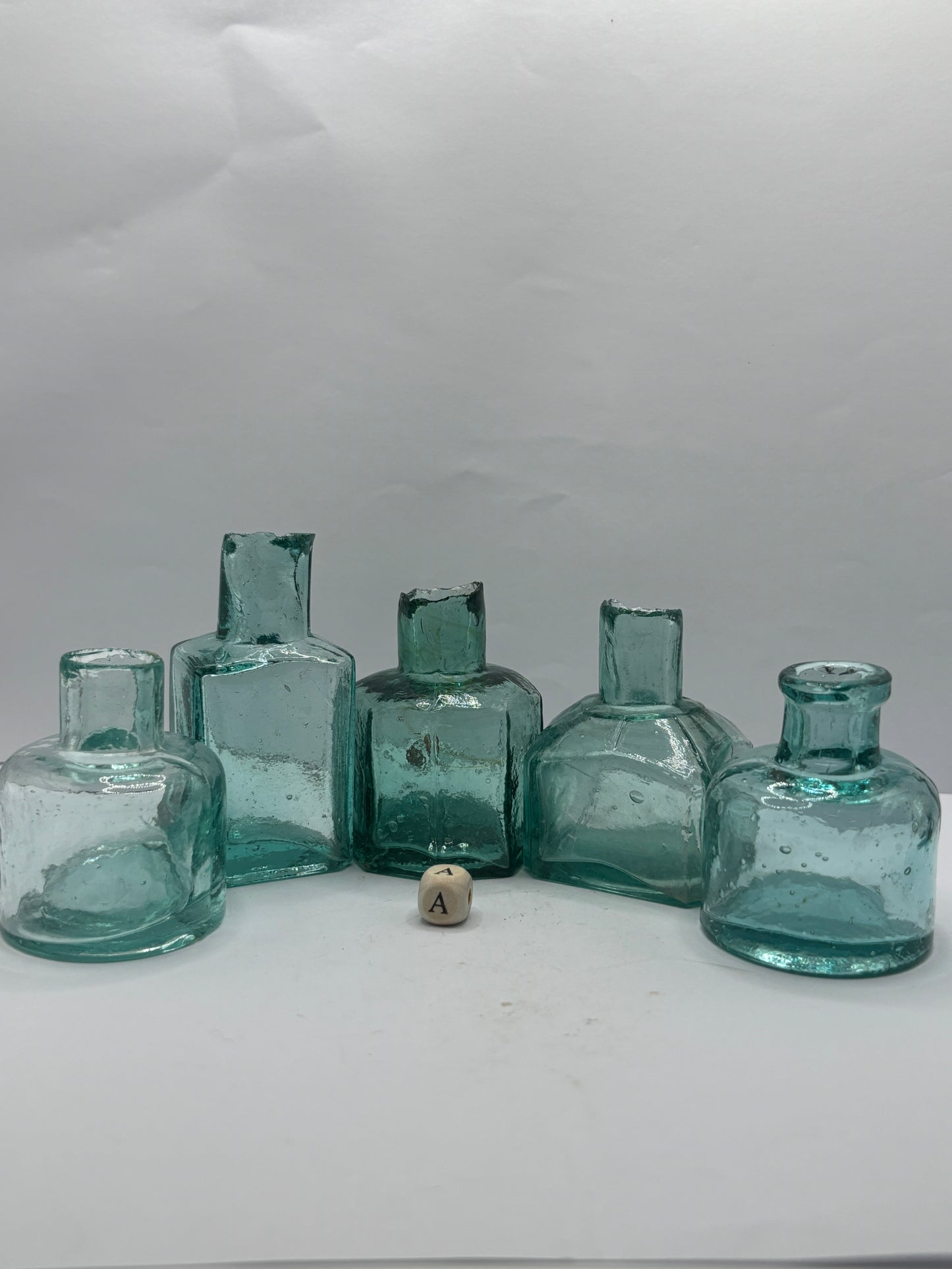 5 aqua glass inkwells (A)