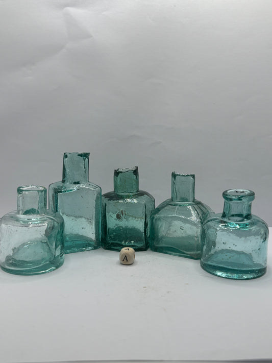 5 aqua glass inkwells (A)