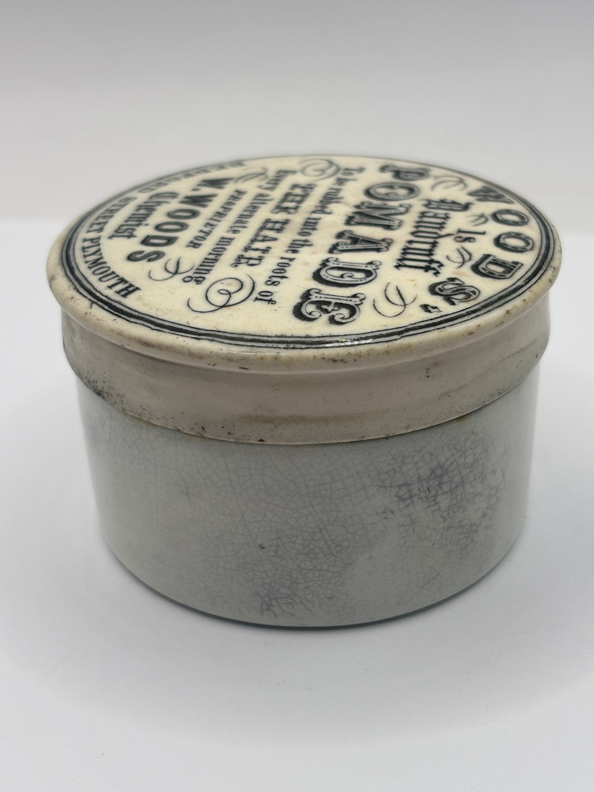 Old advertising lid and base. Woods Dandruff Pomade