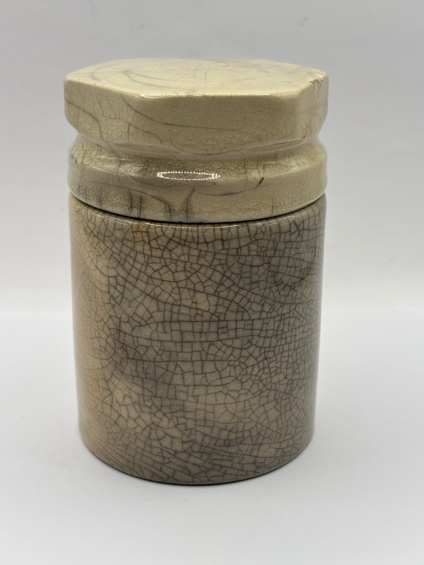 Old stoneware potted meat jar and lid. Blanchflower