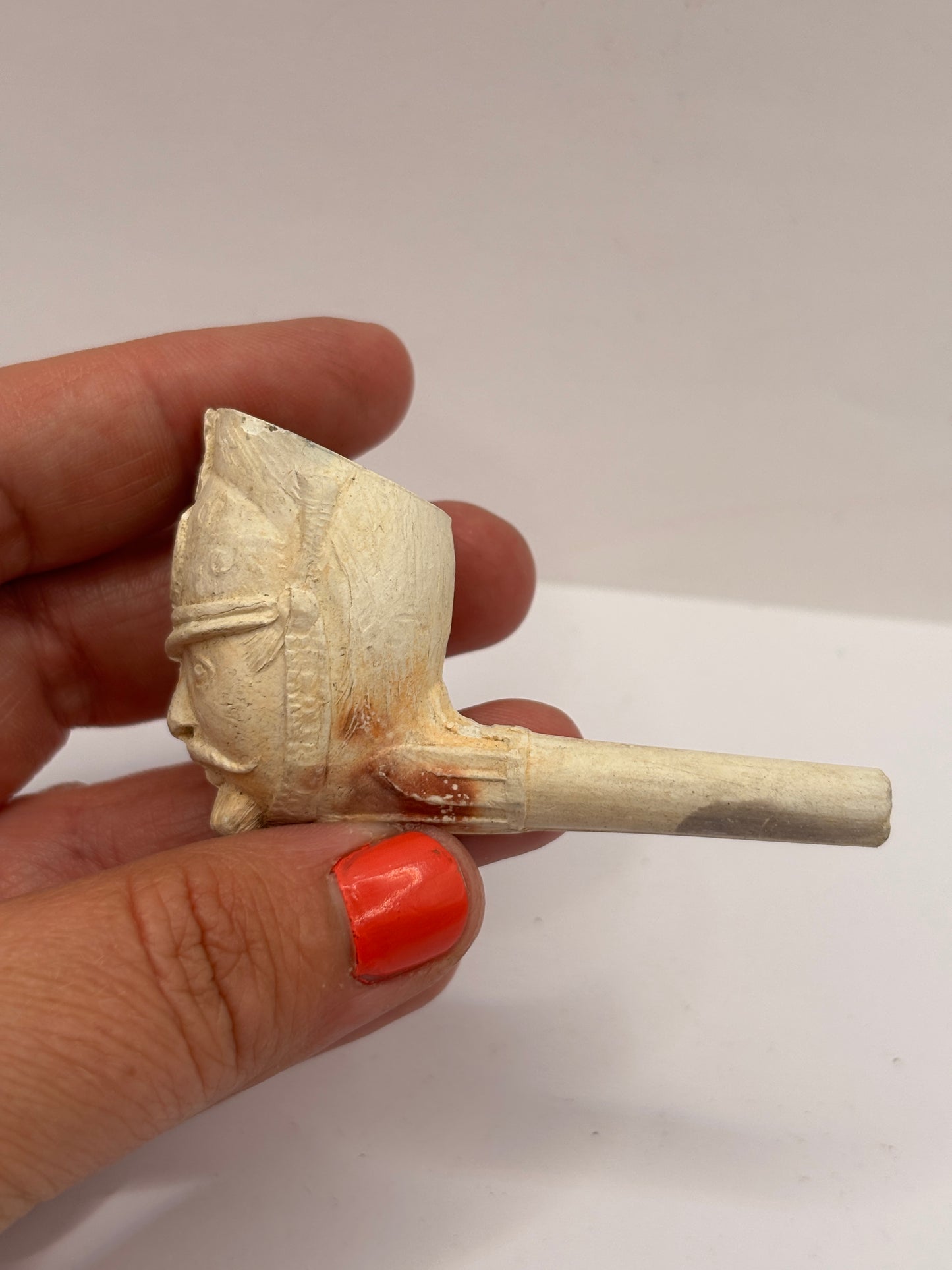Old figural clay pipe head, pipe bowl