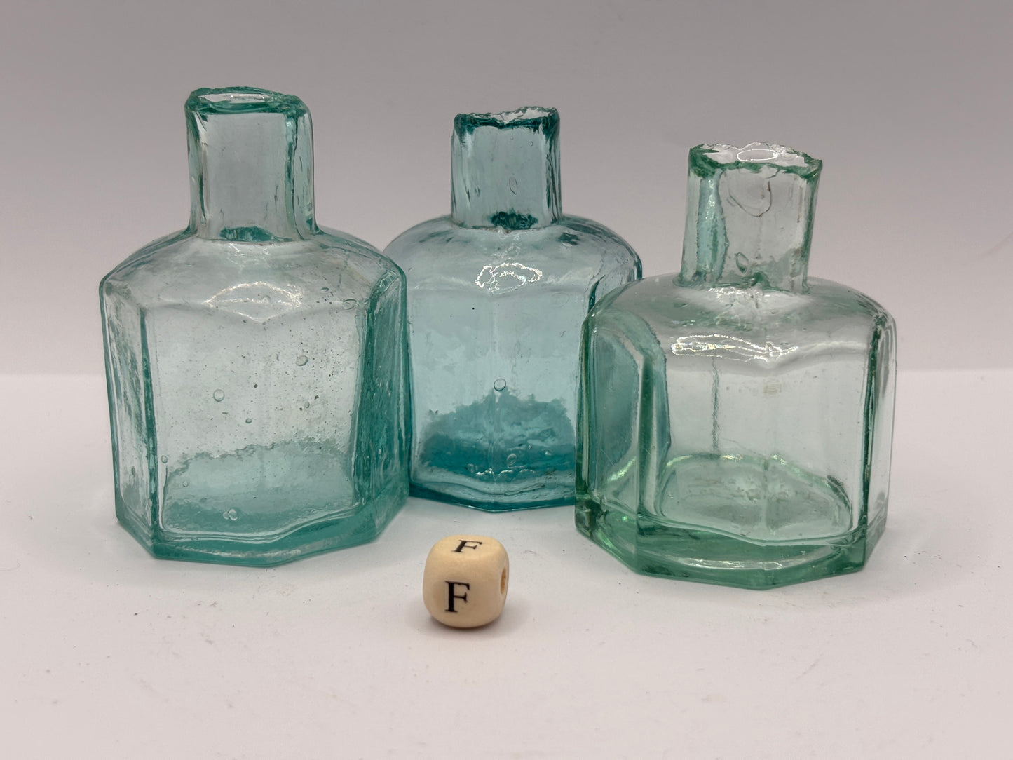 3 old aqua glass inks, inkwells, ink bottles (F)