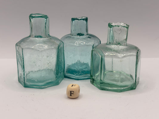 3 old aqua glass inks, inkwells, ink bottles (F)