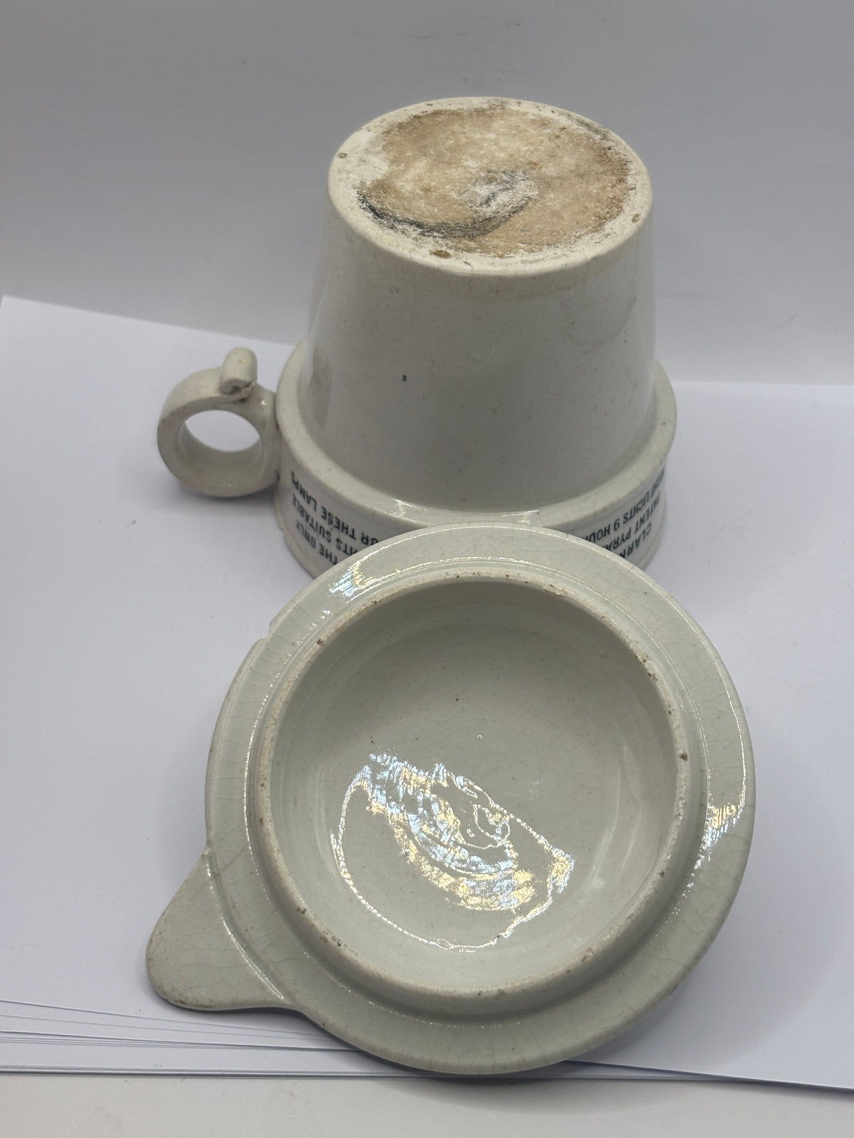 Old stoneware advertising food warmer, Clarkes pyramid food warmer & lid