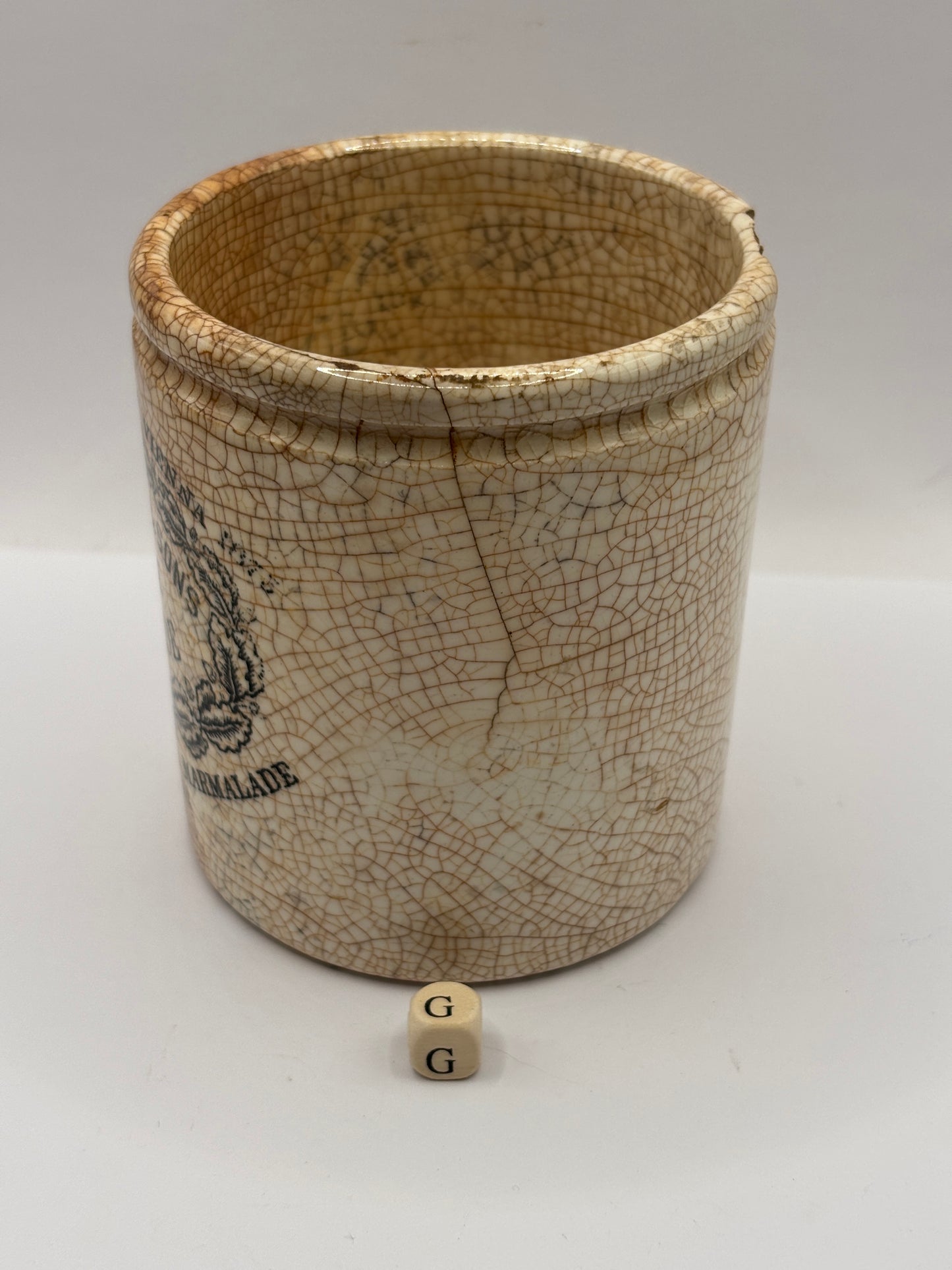 Old 1lb James Keiller Dundee marmalade jar. Damaged (G)