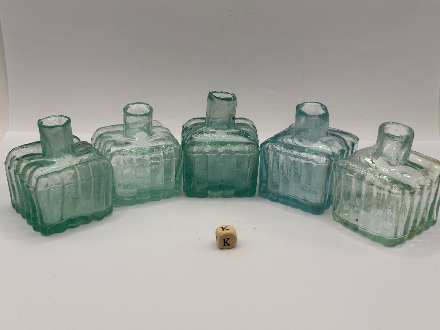 5 old aqua glass ribbed inks, inkwells, ink bottles, penny ink (K)