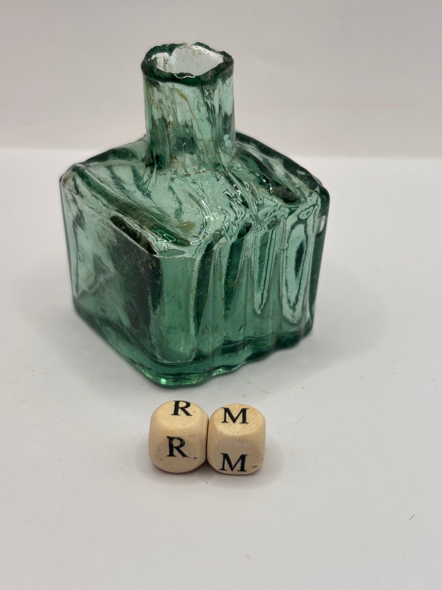 Old dark aqua/green glass ink bottle, inkwell, penny ink (RM)