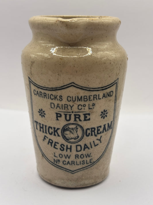 Old advertising cream pot, Carricks pure thick cream with handle. Black print 10cms