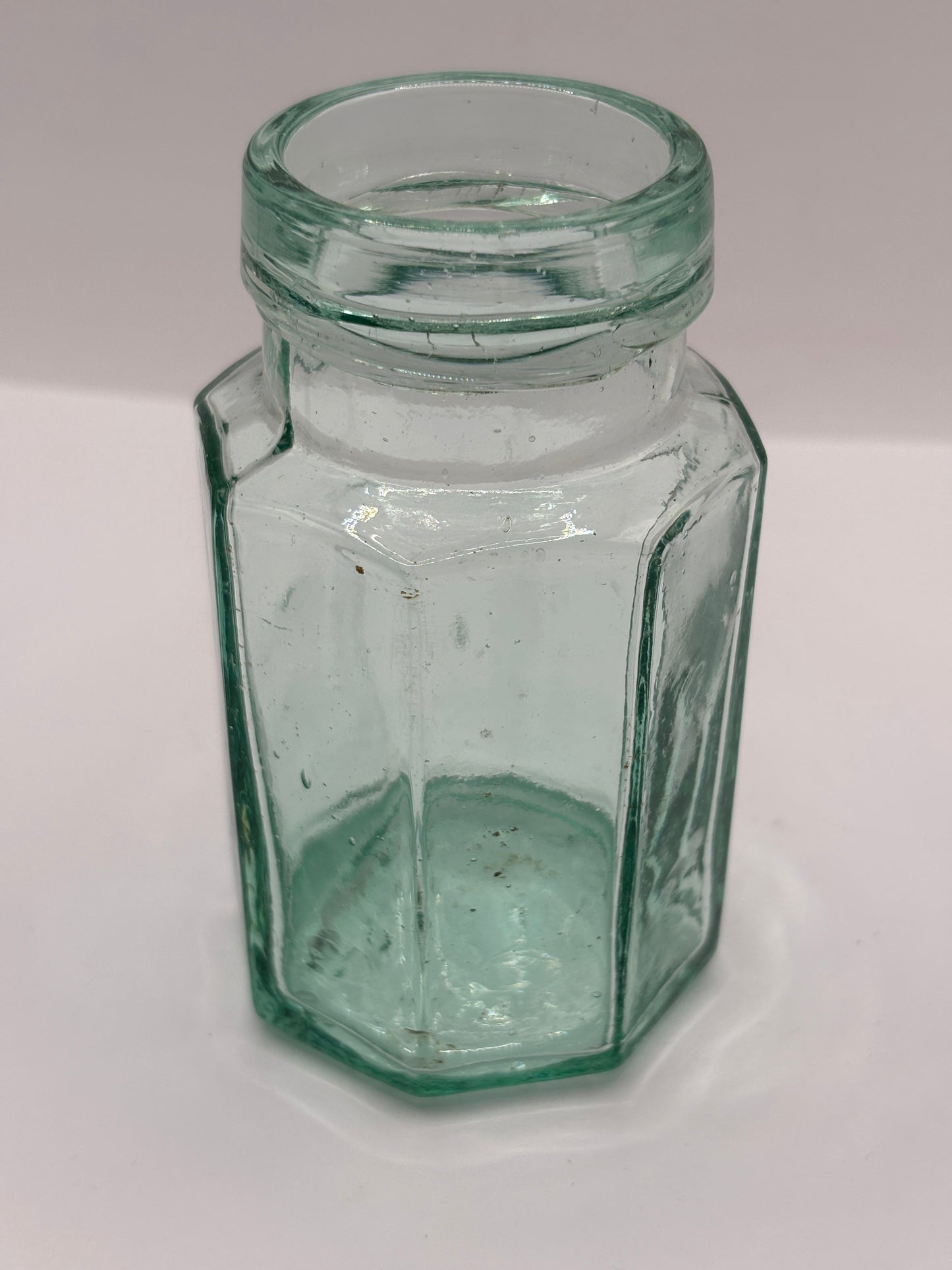 Old aqua glass mini pickle jar 11cms