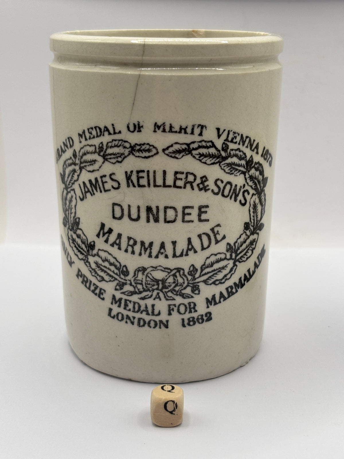 Old 1lb stoneware marmalade pot, James Keiller Dundee marmalade (Q)