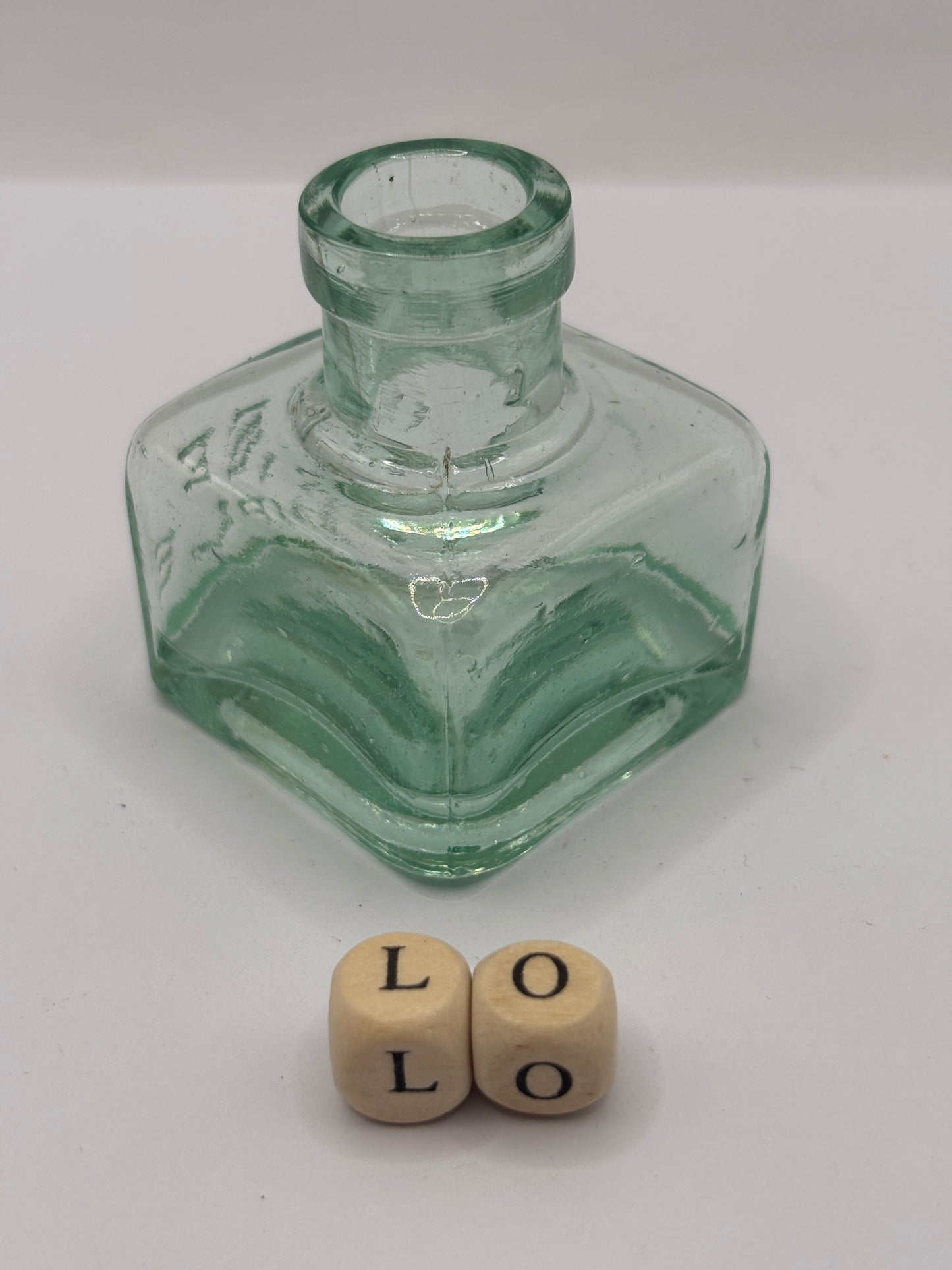 Old aqua glass inkwell, Free Sample ink (LO)