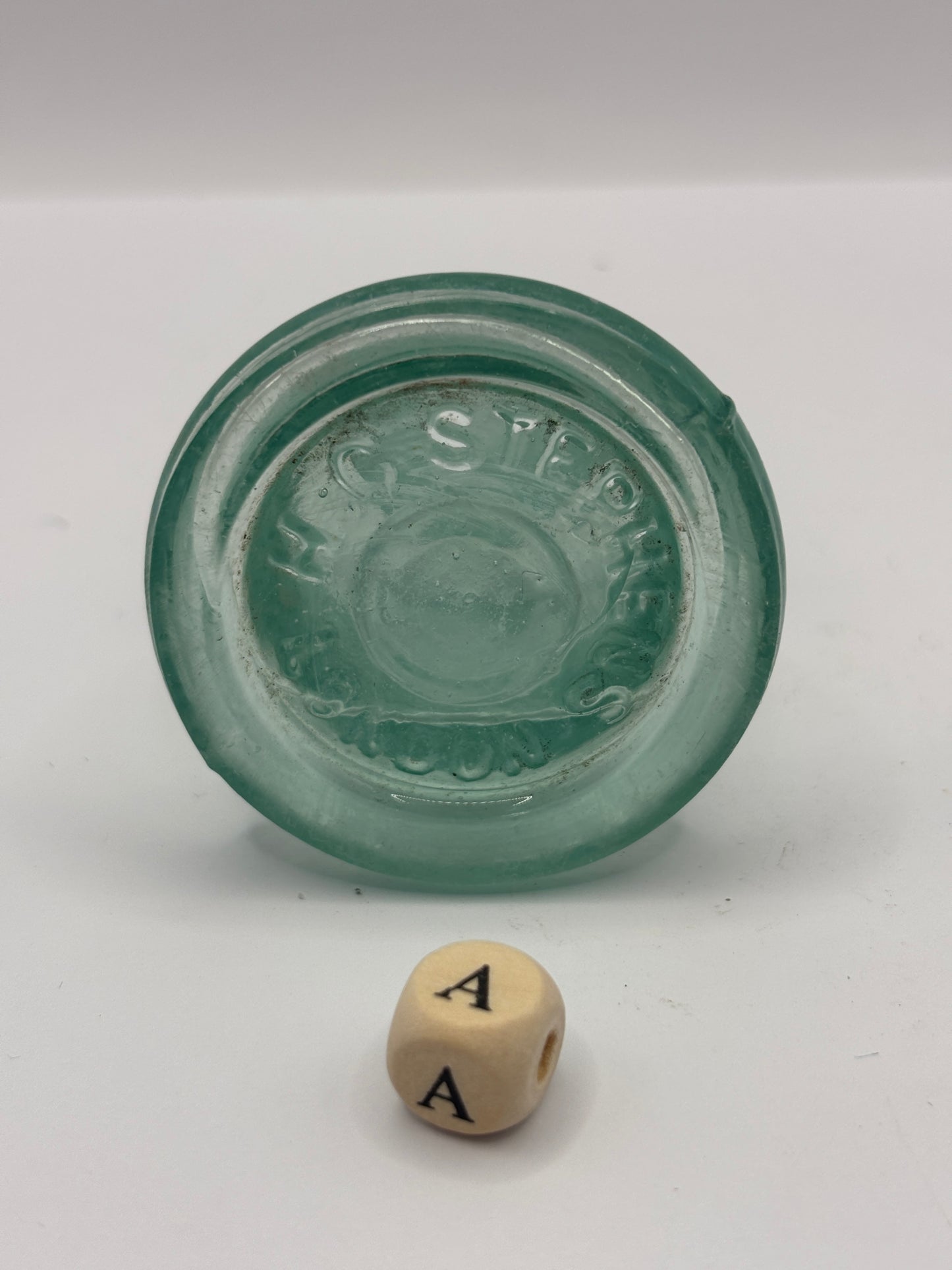 Old aqua glass advertising inkwell, bell ink. Stephen’s ink (a)