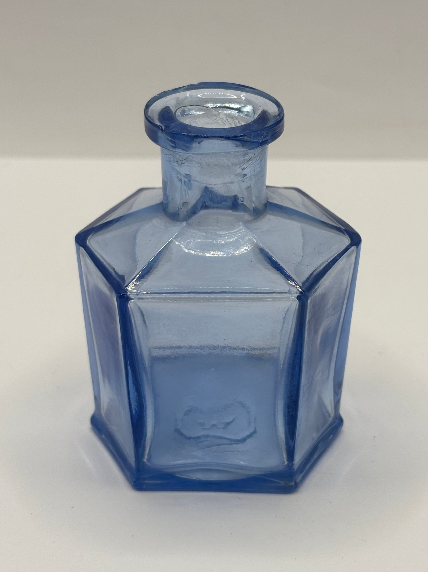Old 6 sided blue glass inkwell, ink bottle