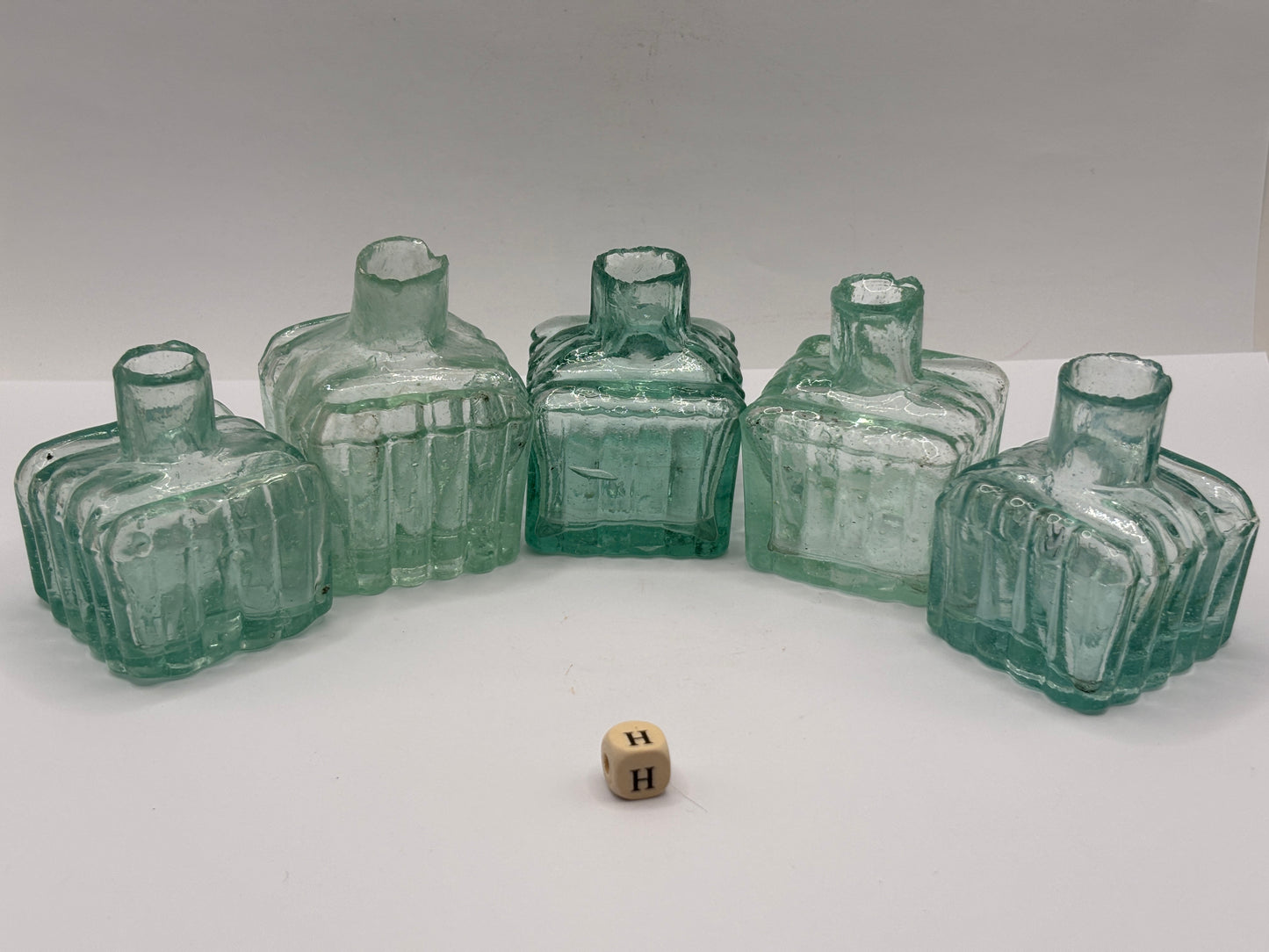 5 old aqua glass ribbed inks, inkwells, ink bottles, penny ink (H)