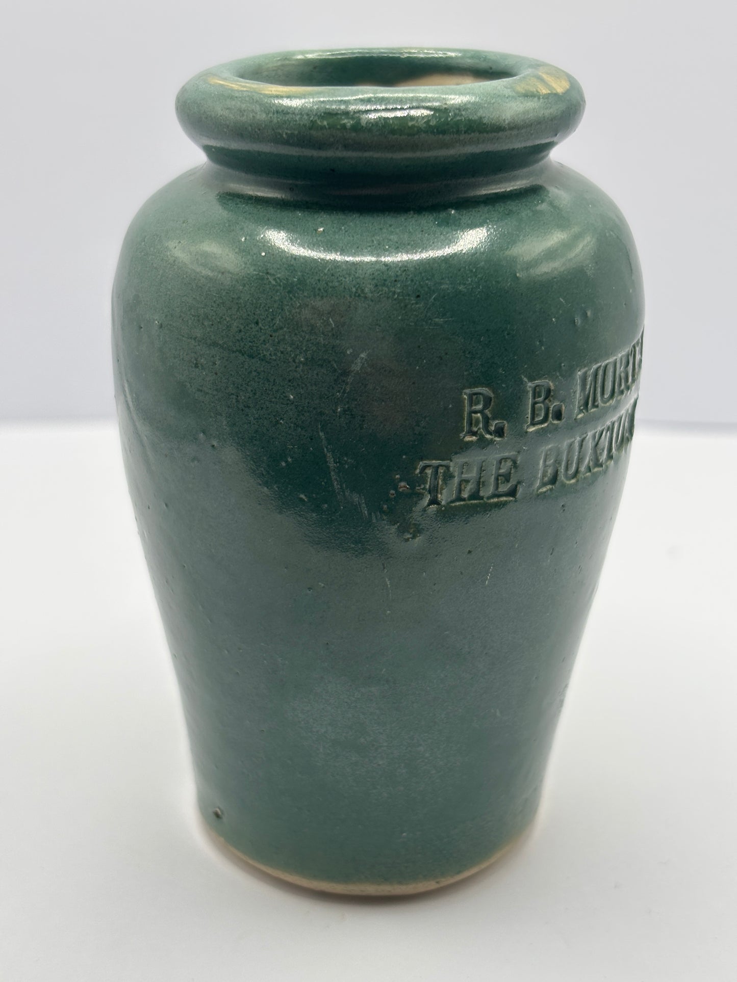 Old green stoneware cream pot. The Buxton creamery, R.B Morten & son