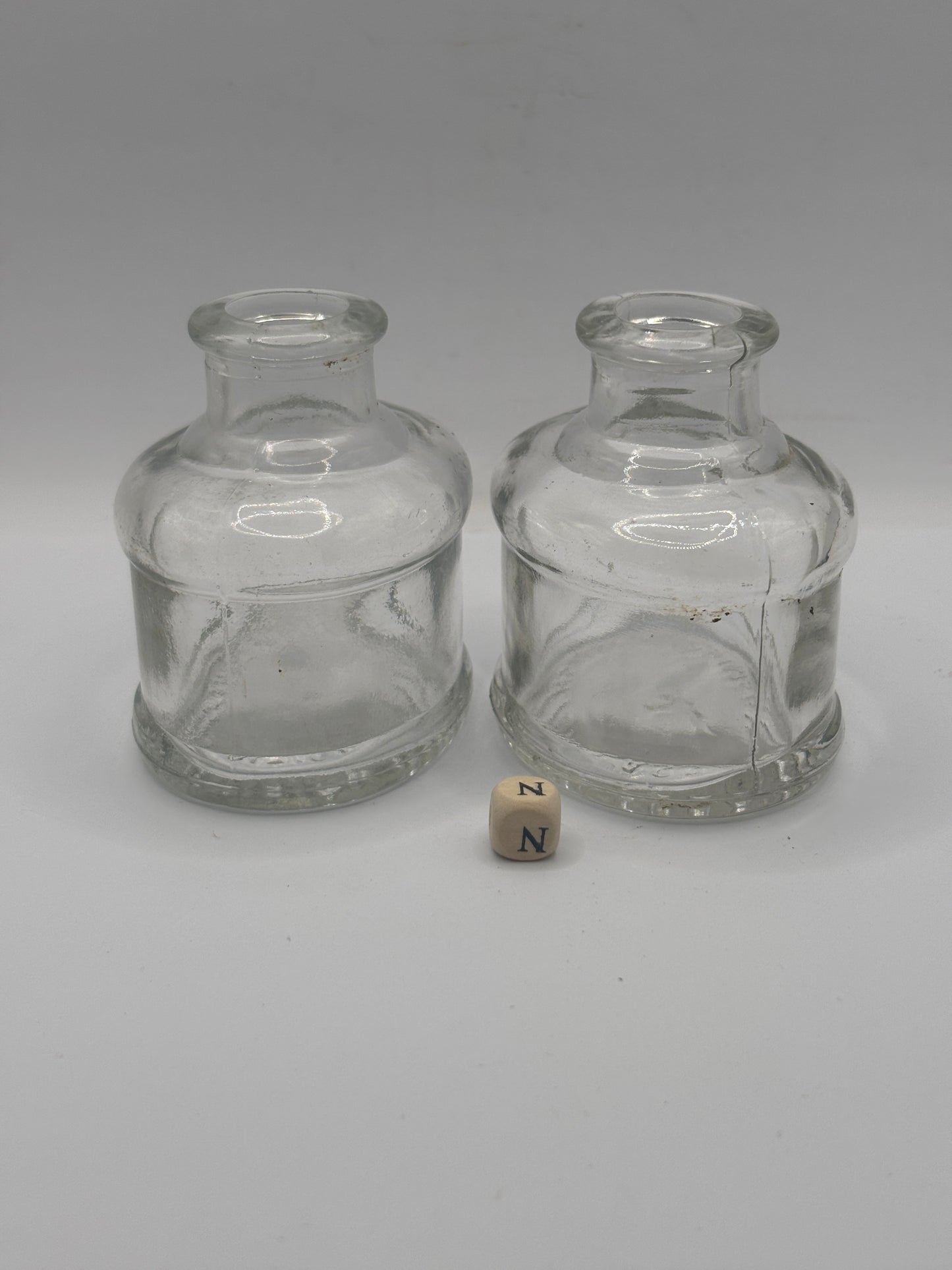 2 old clear glass inks, inkwells, ink bottles (N)